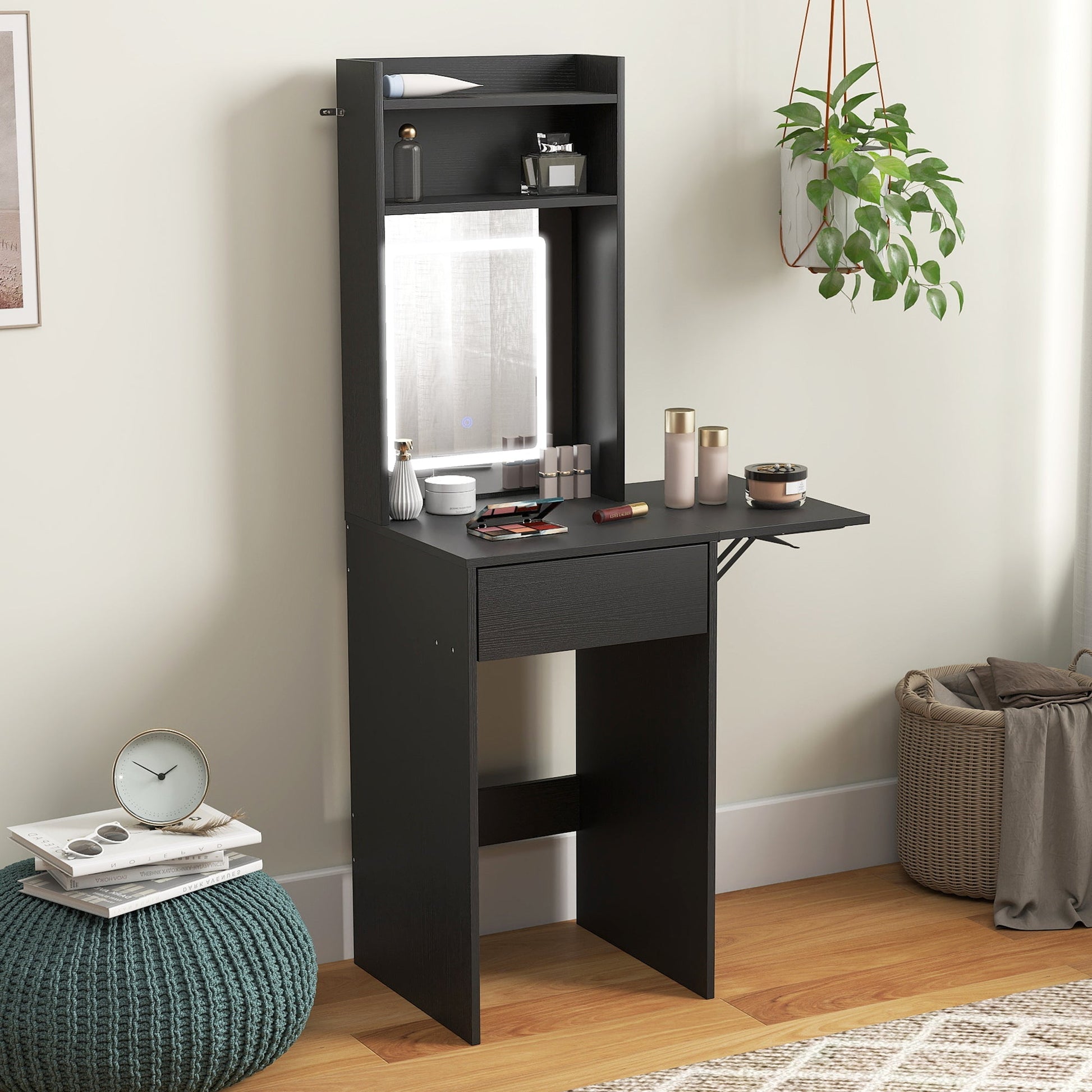 HOMCOM Small Vanity Desk with Mirror and LED Lights, Compact Dressing Table with Drop Leaf, Open Shelves and Drawer, Black | Luxury Home Accessories | Heulog Glow