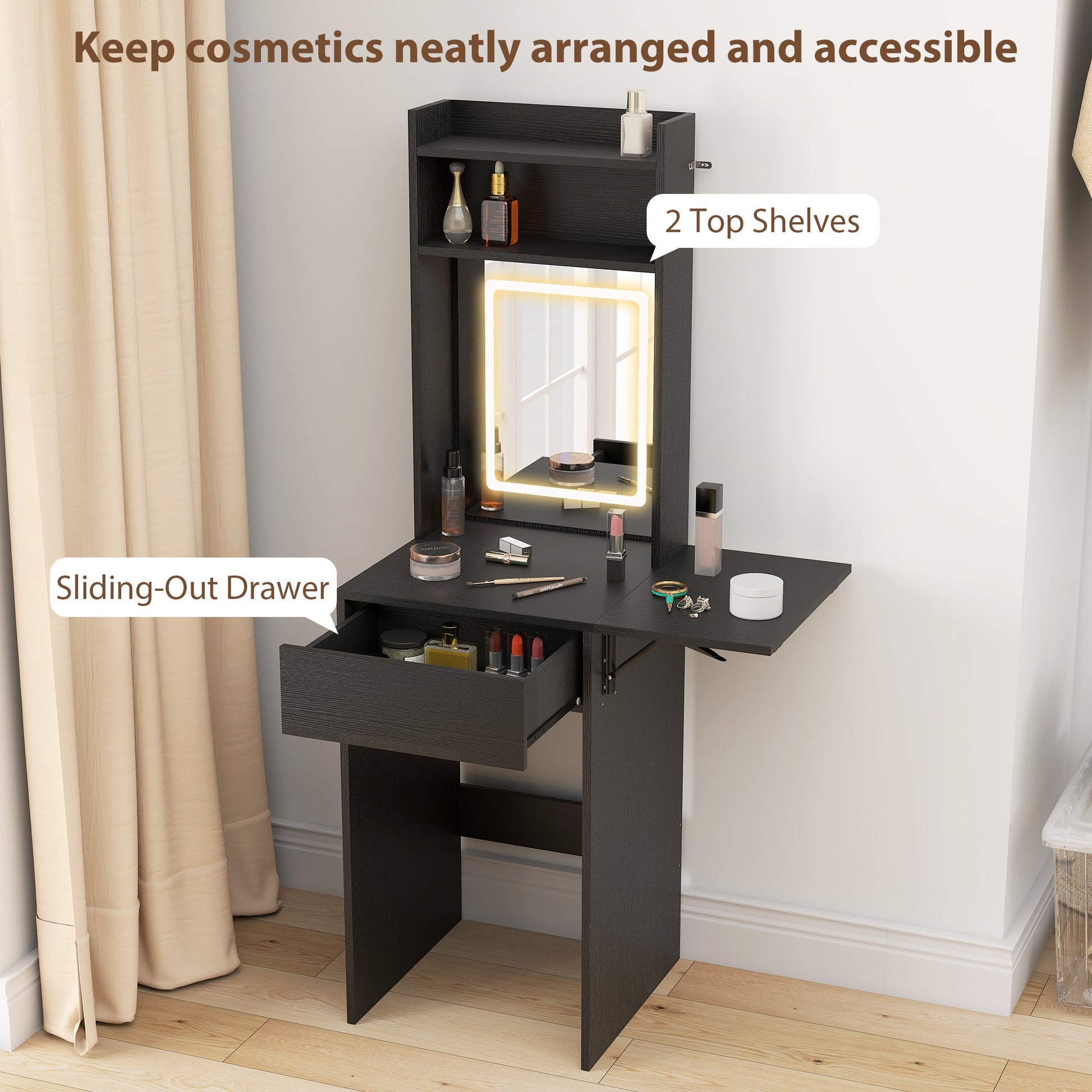 HOMCOM Small Vanity Desk with Mirror and LED Lights, Compact Dressing Table with Drop Leaf, Open Shelves and Drawer, Black | Luxury Home Accessories | Heulog Glow