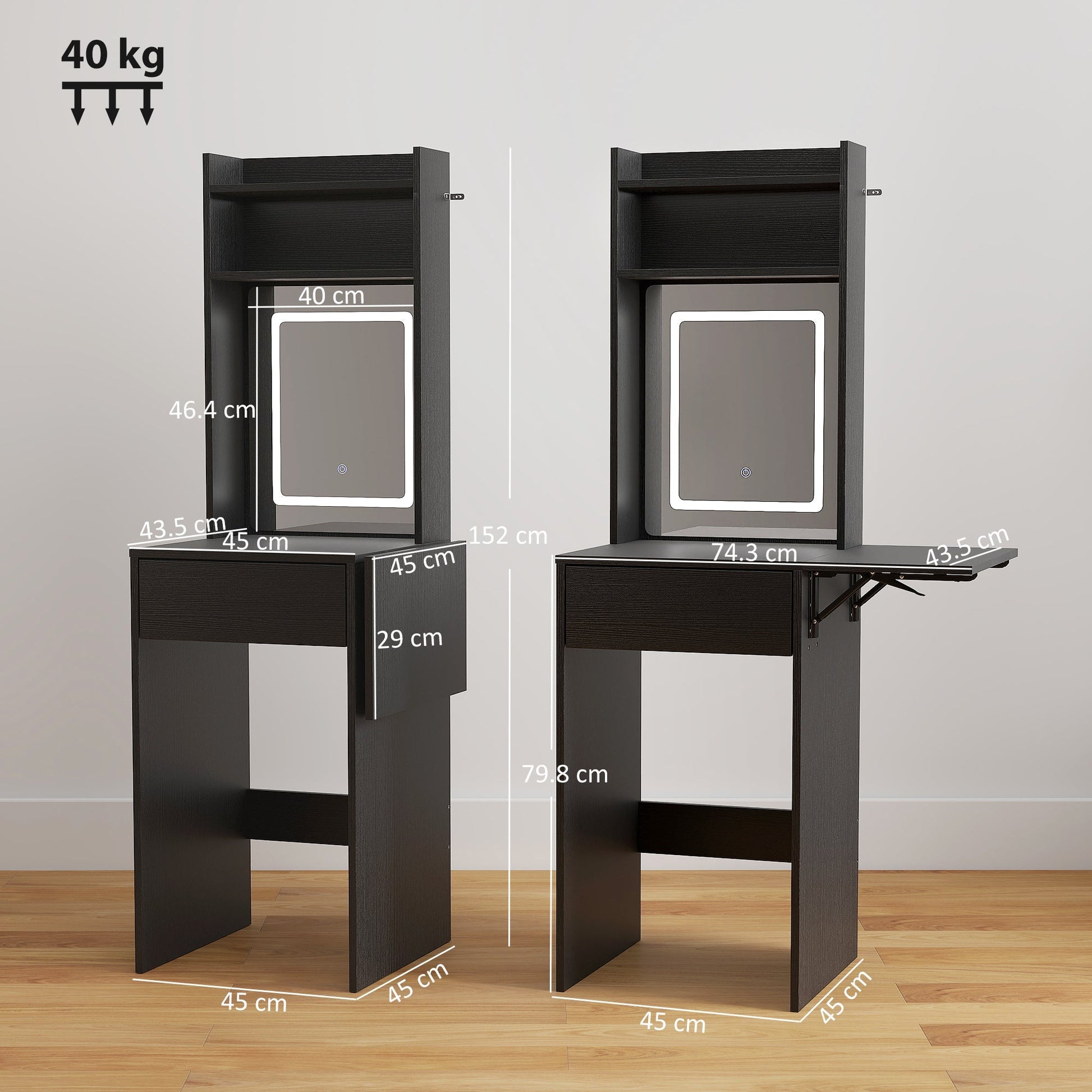 HOMCOM Small Vanity Desk with Mirror and LED Lights, Compact Dressing Table with Drop Leaf, Open Shelves and Drawer, Black | Luxury Home Accessories | Heulog Glow