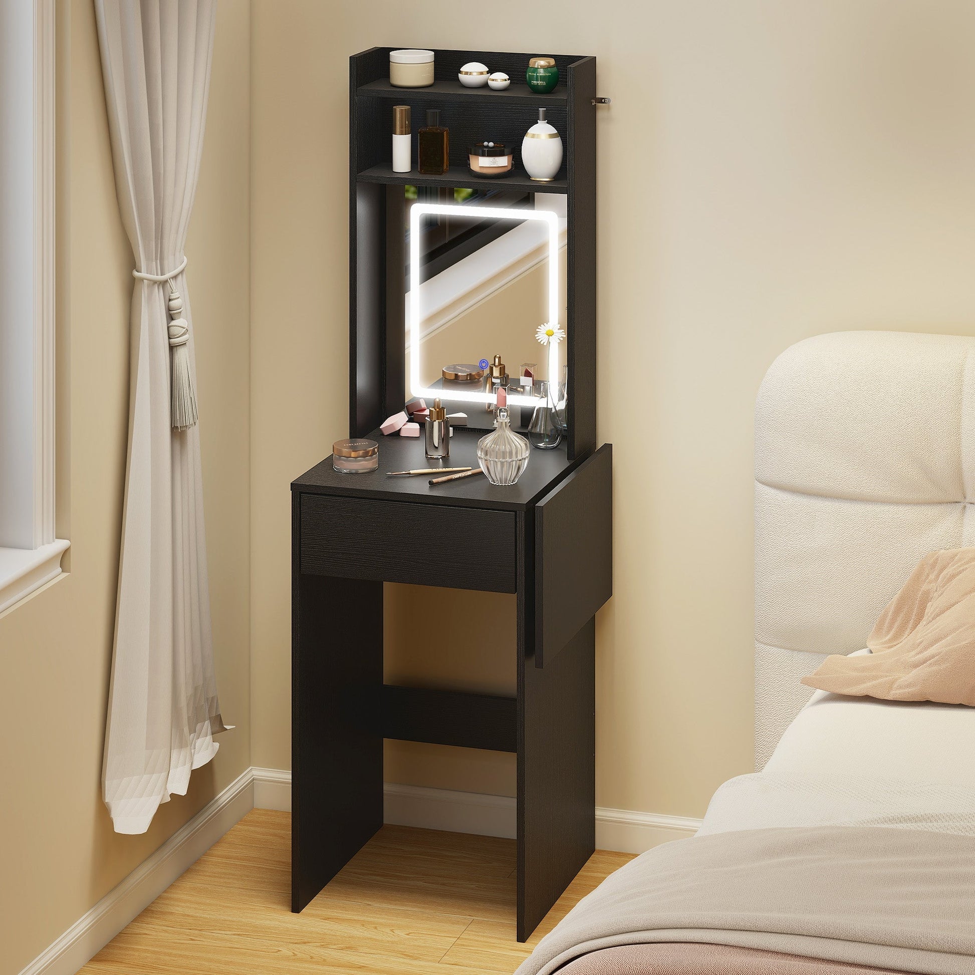 HOMCOM Small Vanity Desk with Mirror and LED Lights, Compact Dressing Table with Drop Leaf, Open Shelves and Drawer, Black | Luxury Home Accessories | Heulog Glow