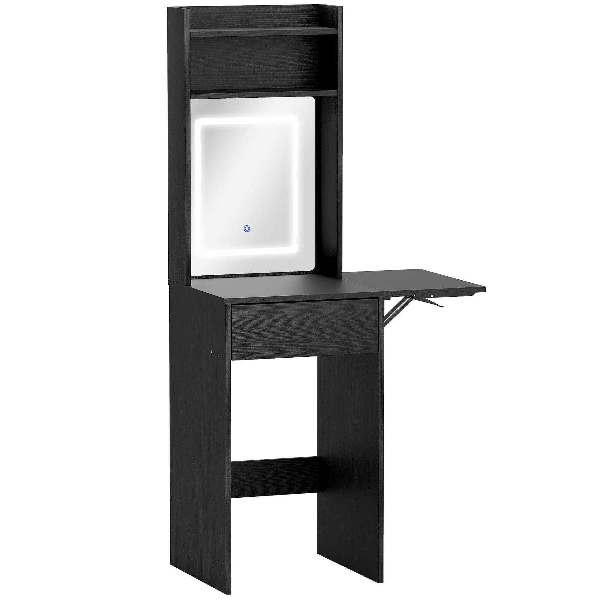 HOMCOM Small Vanity Desk with Mirror and LED Lights, Compact Dressing Table with Drop Leaf, Open Shelves and Drawer, Black | Luxury Home Accessories | Heulog Glow