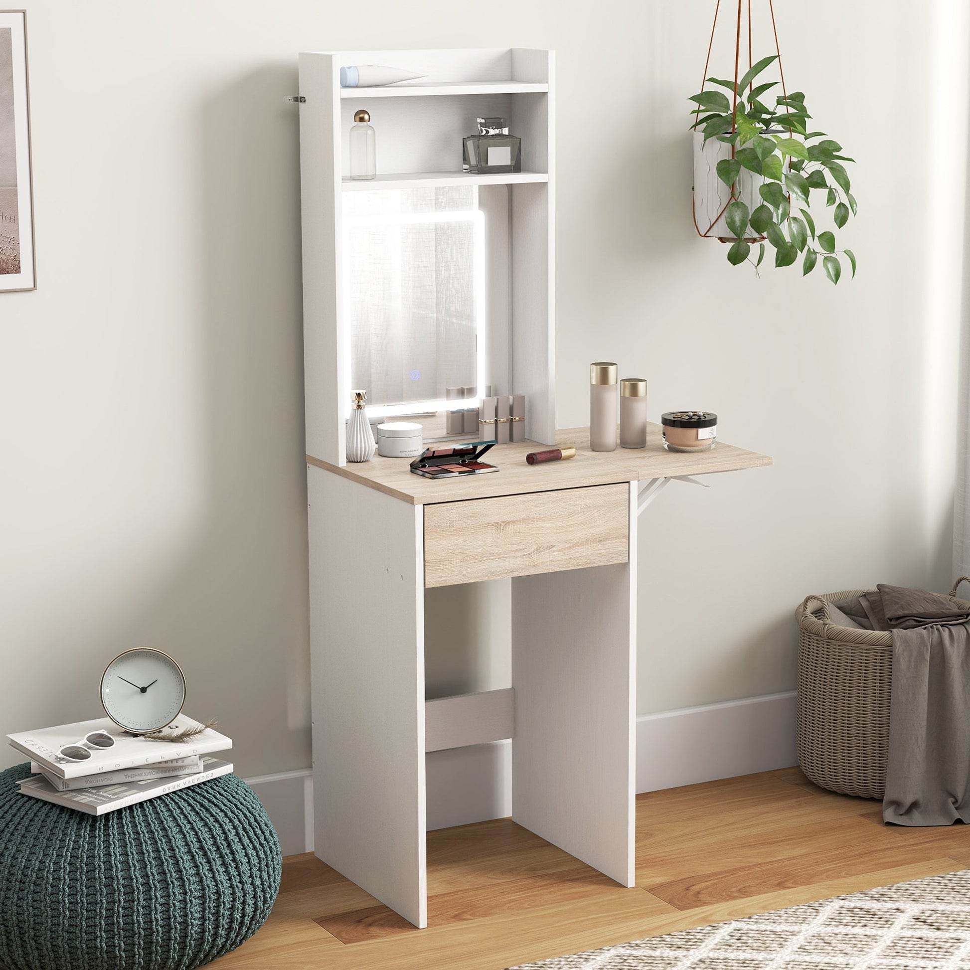 HOMCOM Small Vanity Desk with Mirror and LED Lights, Compact Dressing Table with Drop Leaf, Open Shelves and Drawer, White | Luxury Home Accessories | Heulog Glow