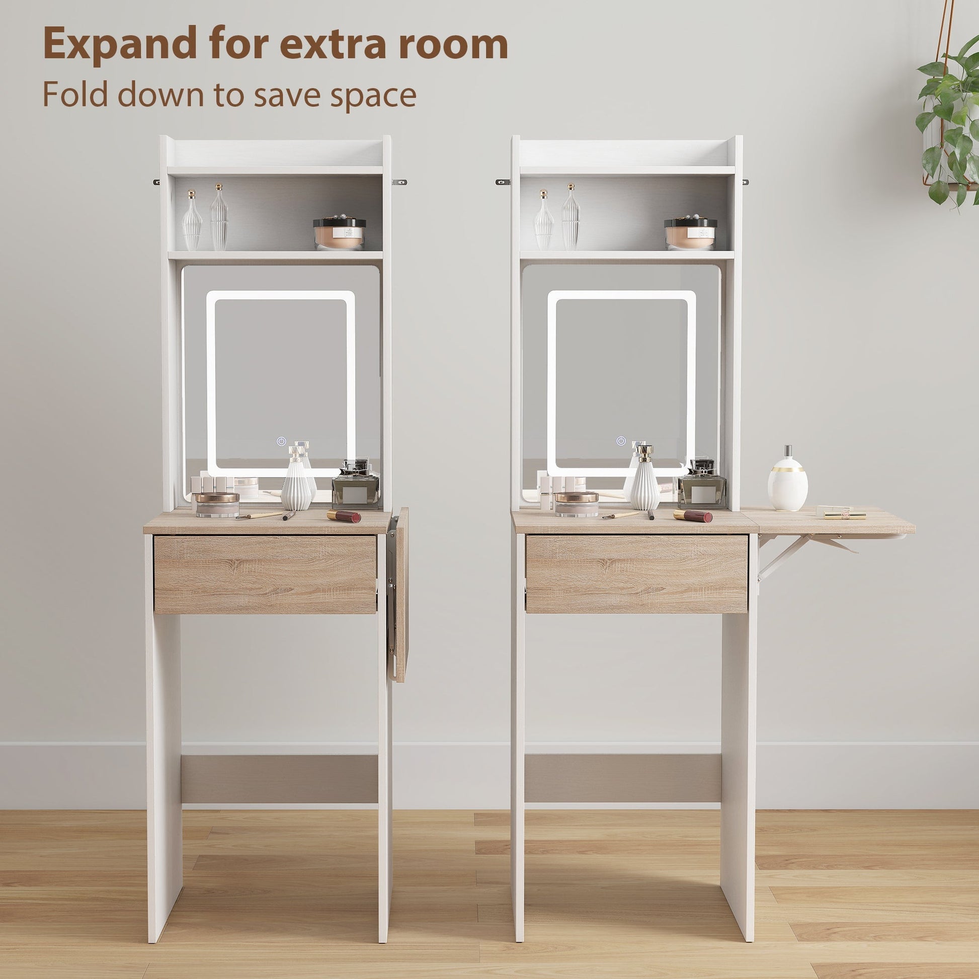 HOMCOM Small Vanity Desk with Mirror and LED Lights, Compact Dressing Table with Drop Leaf, Open Shelves and Drawer, White | Luxury Home Accessories | Heulog Glow