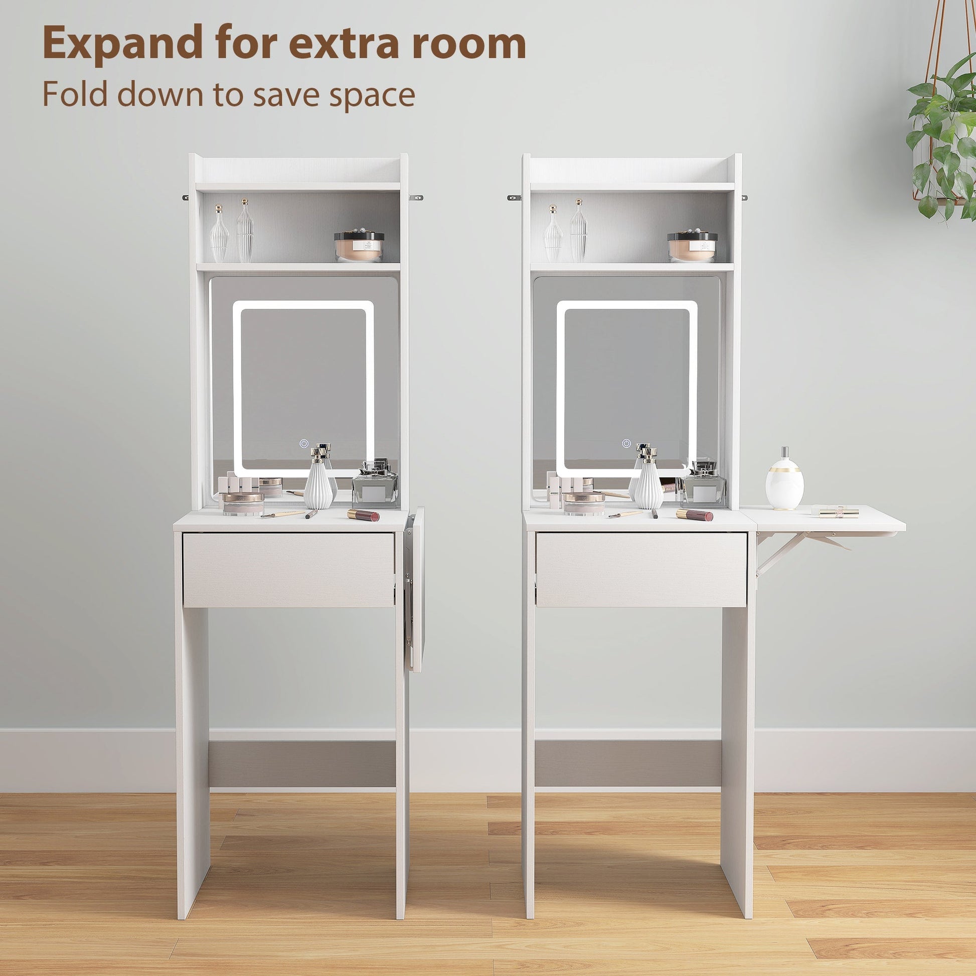 HOMCOM Small Vanity Desk with Mirror and LED Lights, Compact Dressing Table with Drop Leaf, Open Shelves and Drawer, White | Luxury Home Accessories | Heulog Glow