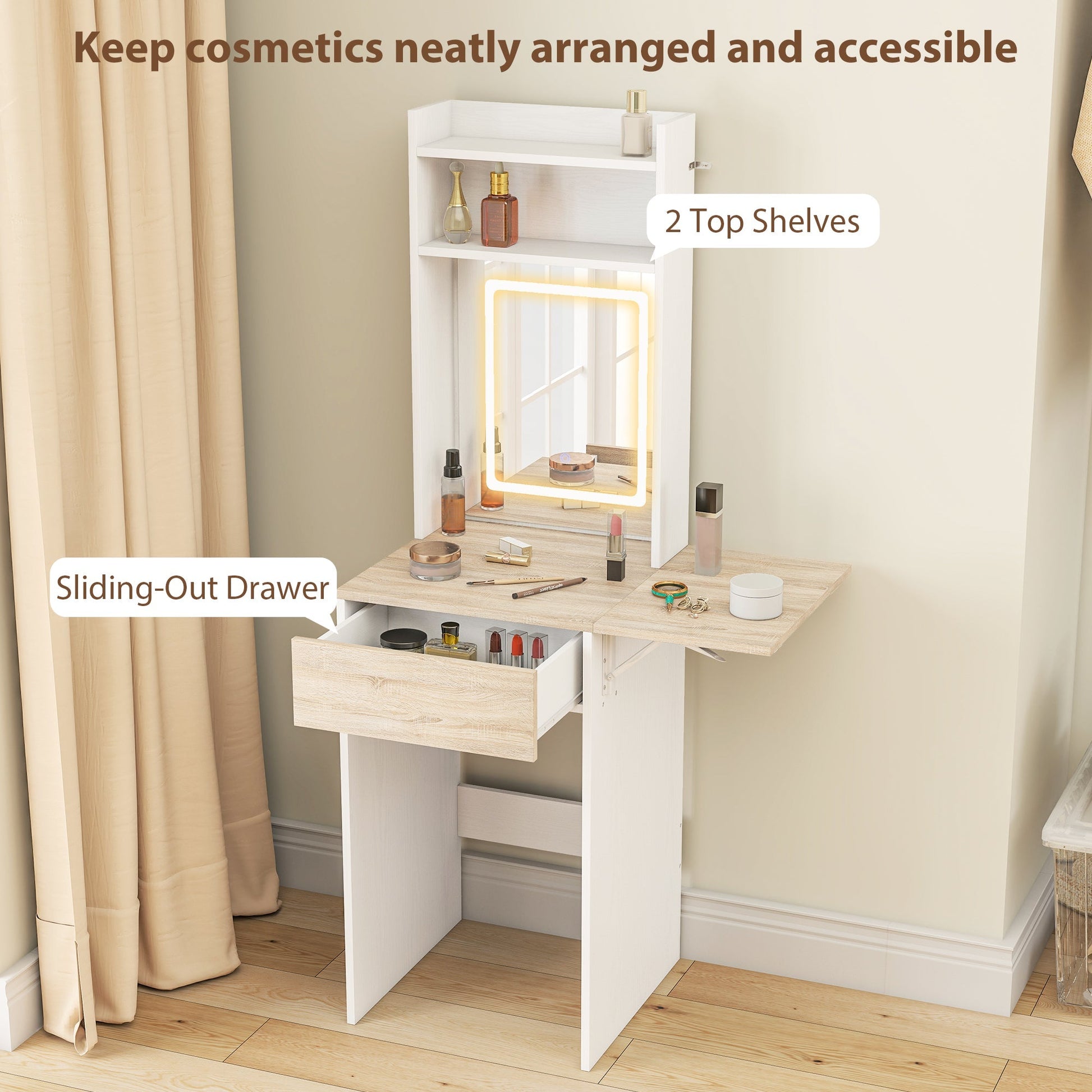 HOMCOM Small Vanity Desk with Mirror and LED Lights, Compact Dressing Table with Drop Leaf, Open Shelves and Drawer, White | Luxury Home Accessories | Heulog Glow