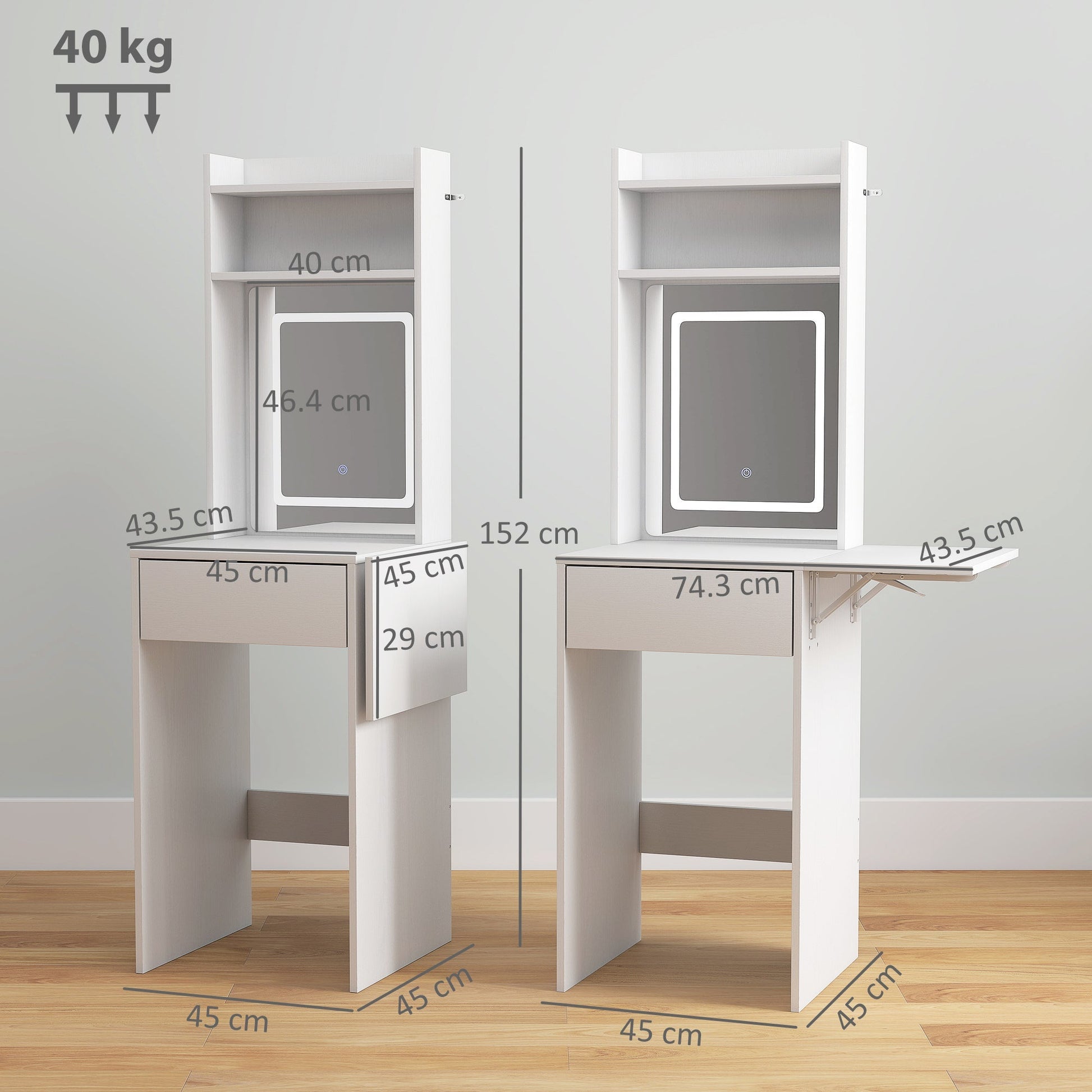 HOMCOM Small Vanity Desk with Mirror and LED Lights, Compact Dressing Table with Drop Leaf, Open Shelves and Drawer, White | Luxury Home Accessories | Heulog Glow