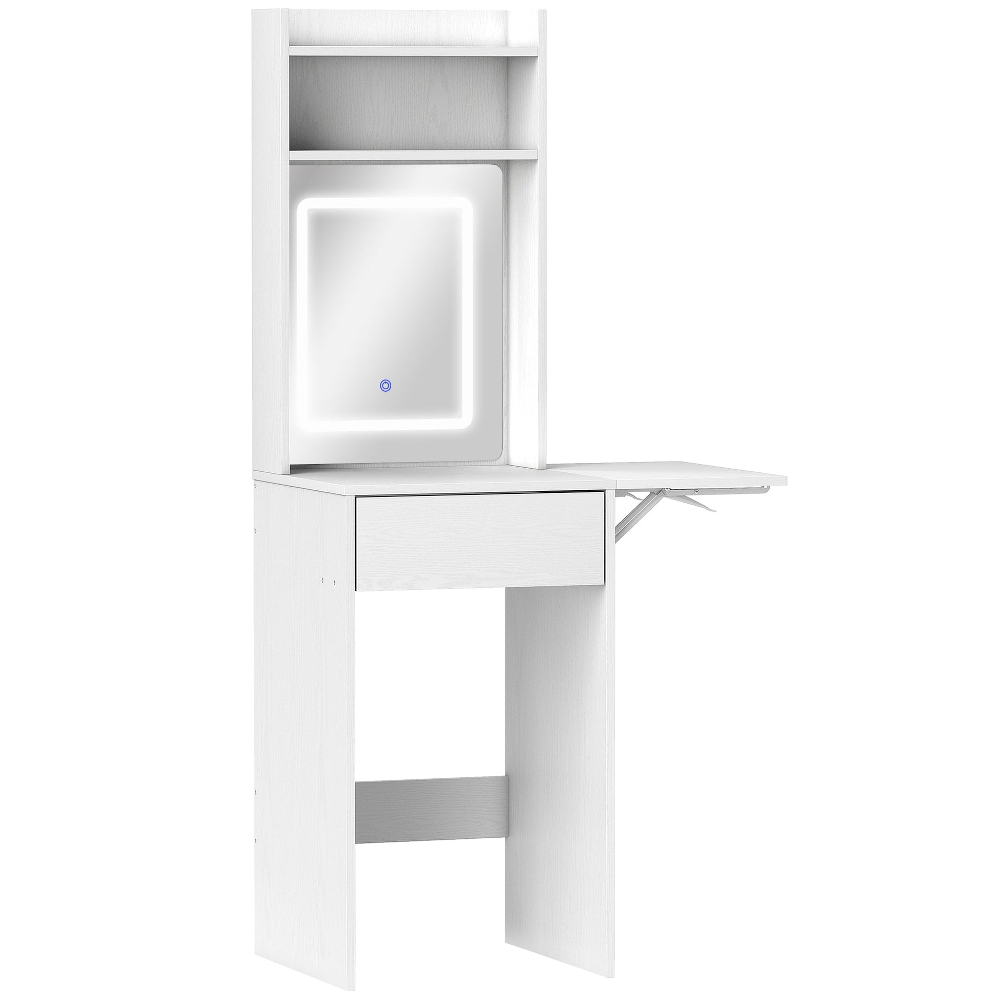 HOMCOM Small Vanity Desk with Mirror and LED Lights, Compact Dressing Table with Drop Leaf, Open Shelves and Drawer, White | Luxury Home Accessories | Heulog Glow