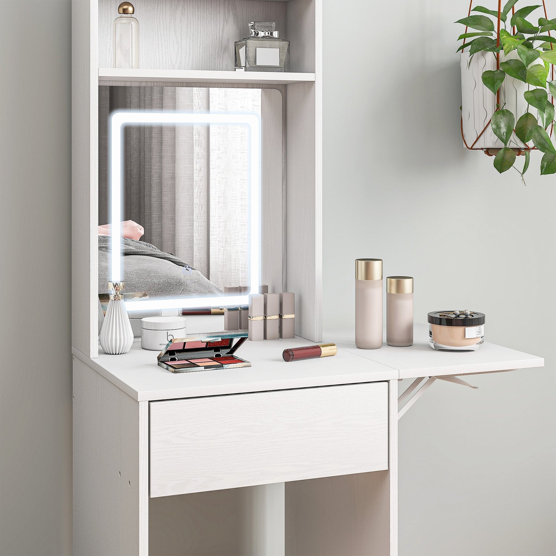 HOMCOM Small Vanity Desk with Mirror and LED Lights, Compact Dressing Table with Drop Leaf, Open Shelves and Drawer, White | Luxury Home Accessories | Heulog Glow