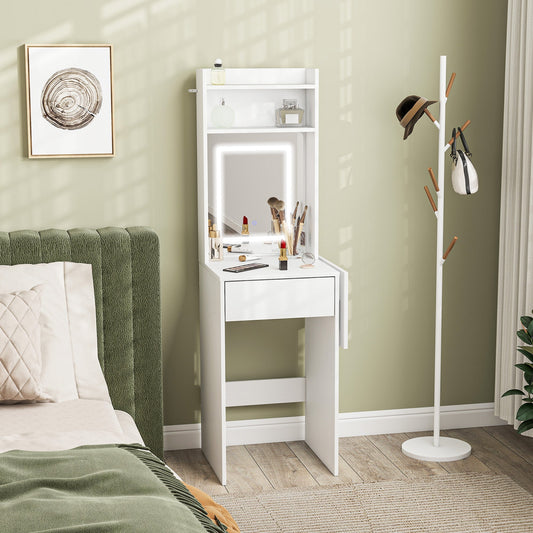 HOMCOM Small Vanity Desk with Mirror and LED Lights, Compact Dressing Table with Drop Leaf, Open Shelves and Drawer, White | Luxury Home Accessories | Heulog Glow
