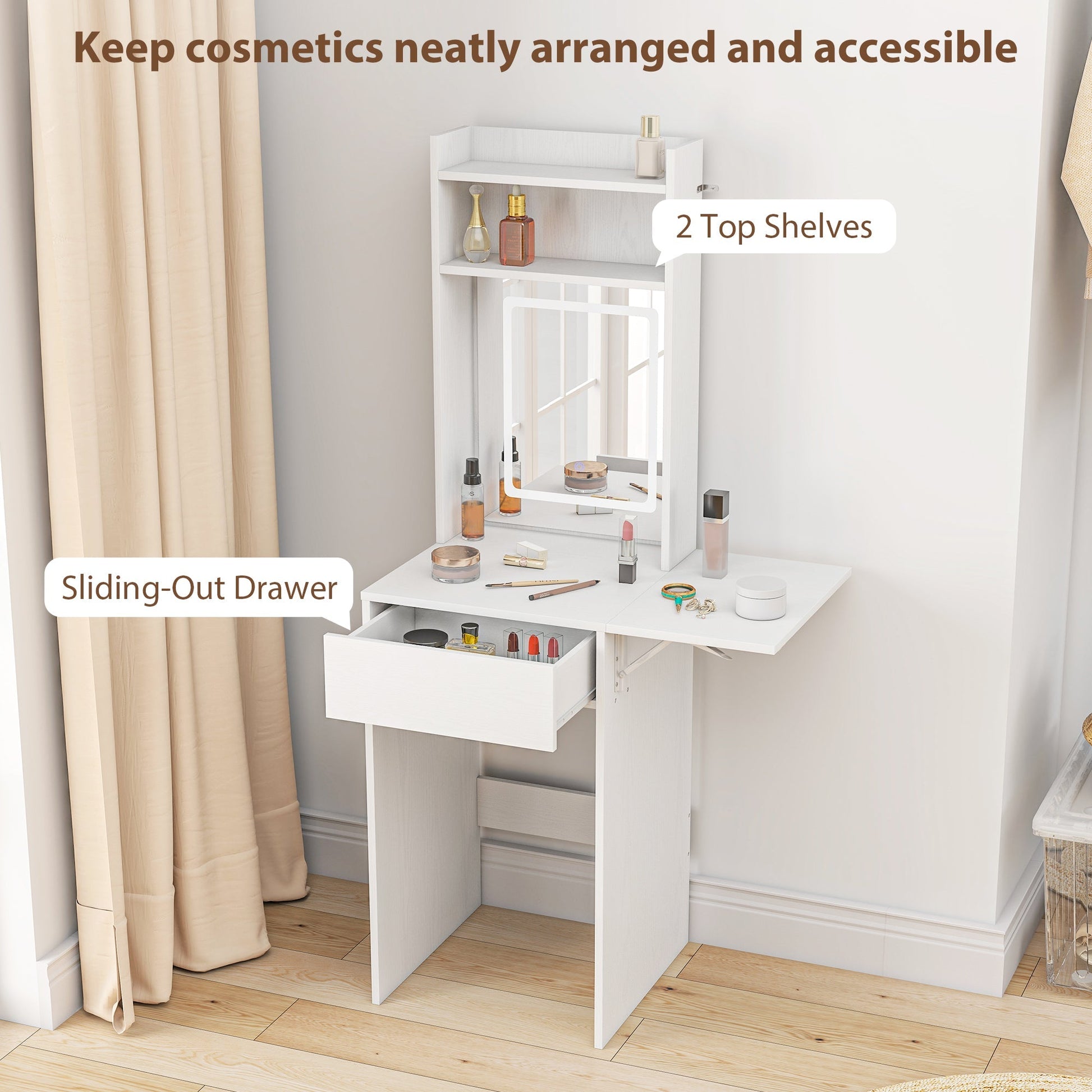 HOMCOM Small Vanity Desk with Mirror and LED Lights, Compact Dressing Table with Drop Leaf, Open Shelves and Drawer, White | Luxury Home Accessories | Heulog Glow