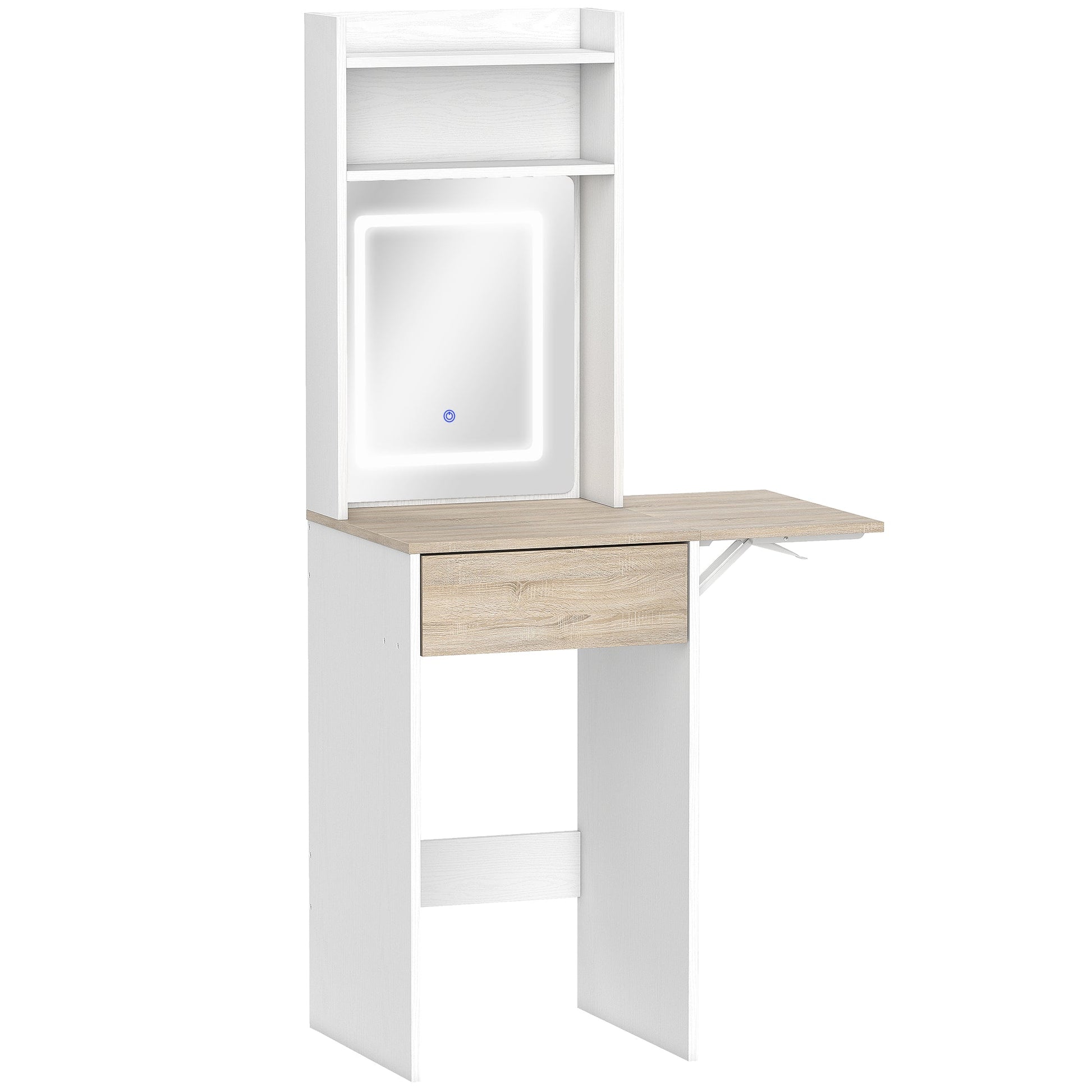 HOMCOM Small Vanity Desk with Mirror and LED Lights, Compact Dressing Table with Drop Leaf, Open Shelves and Drawer, White | Luxury Home Accessories | Heulog Glow