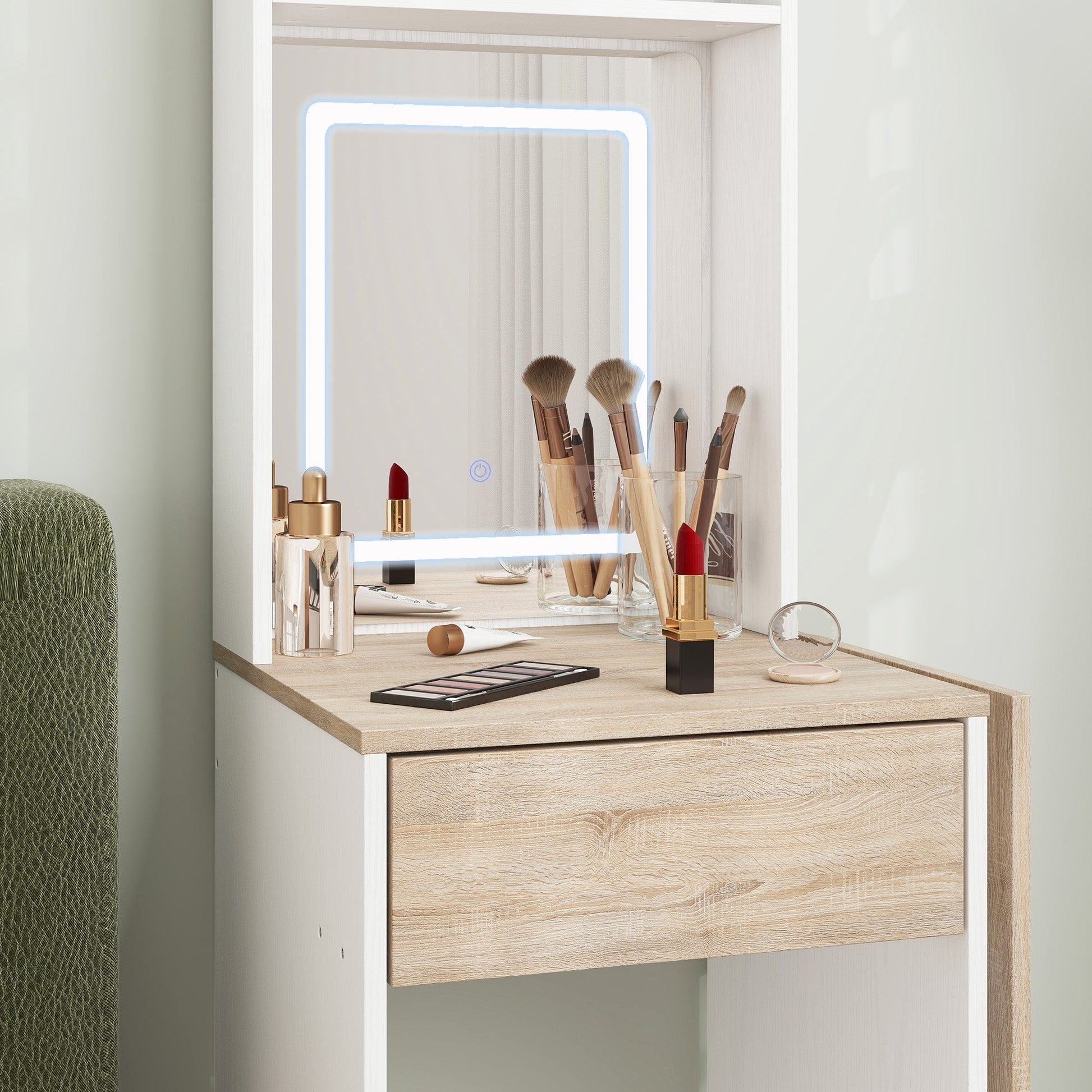 HOMCOM Small Vanity Desk with Mirror and LED Lights, Compact Dressing Table with Drop Leaf, Open Shelves and Drawer, White | Luxury Home Accessories | Heulog Glow