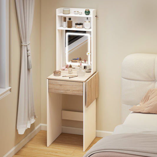 HOMCOM Small Vanity Desk with Mirror and LED Lights, Compact Dressing Table with Drop Leaf, Open Shelves and Drawer, White | Luxury Home Accessories | Heulog Glow