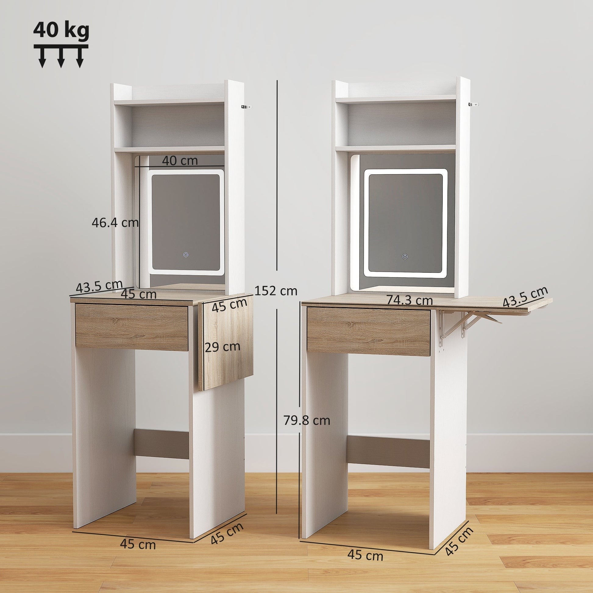 HOMCOM Small Vanity Desk with Mirror and LED Lights, Compact Dressing Table with Drop Leaf, Open Shelves and Drawer, White | Luxury Home Accessories | Heulog Glow