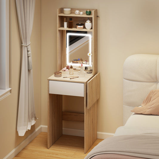 HOMCOM Small Vanity Desk with Mirror and LED Lights, Compact Dressing Table with Drop Leaf, Open Shelves, Natural Wood | Luxury Home Accessories | Heulog Glow
