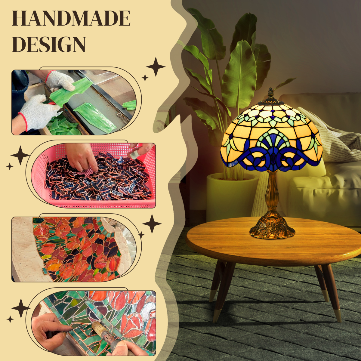 HOMCOM Stained Glass Table Lamp, for Bedroom Bedside, Bulb not Included | Luxury Home Accessories | Heulog Glow