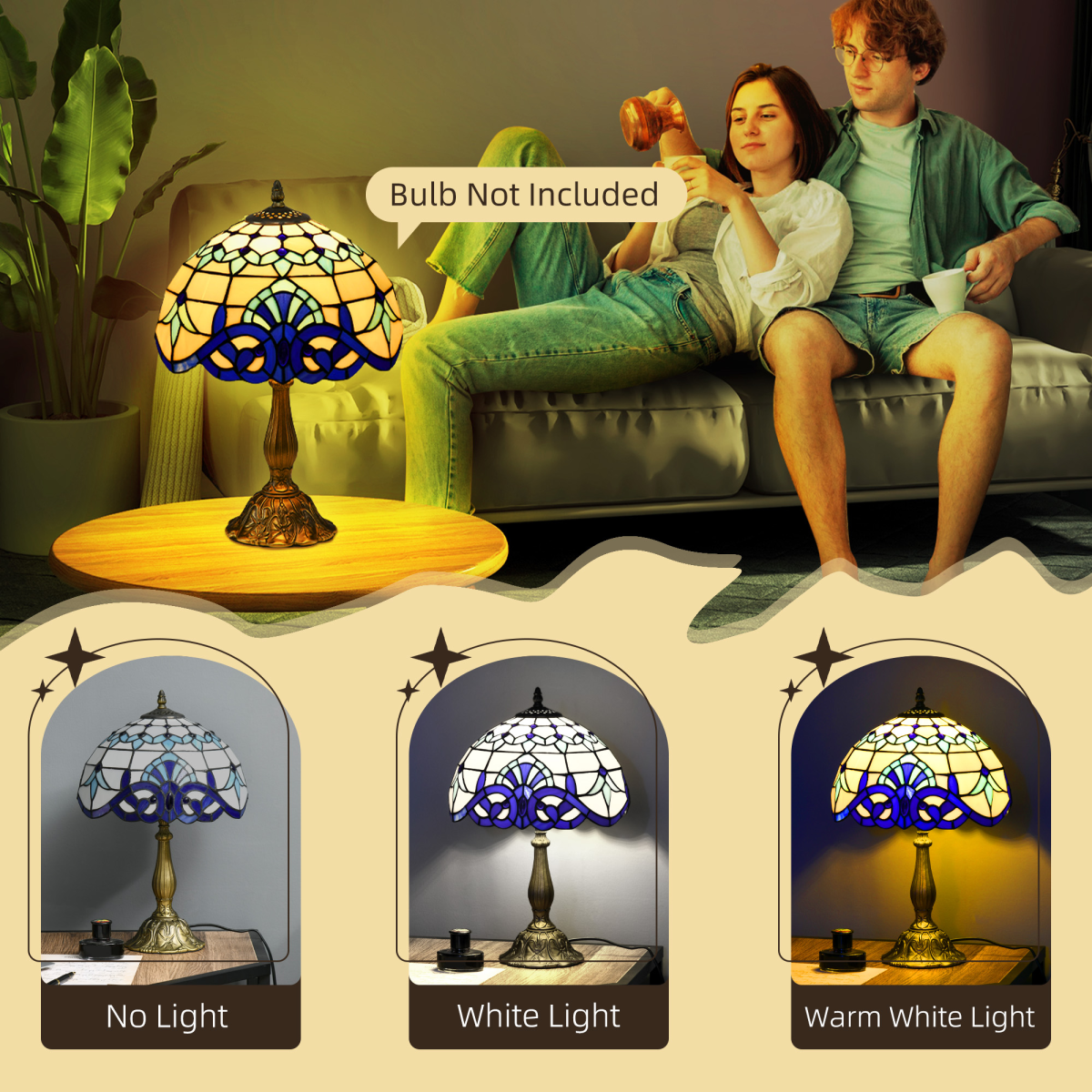 HOMCOM Stained Glass Table Lamp, for Bedroom Bedside, Bulb not Included | Luxury Home Accessories | Heulog Glow