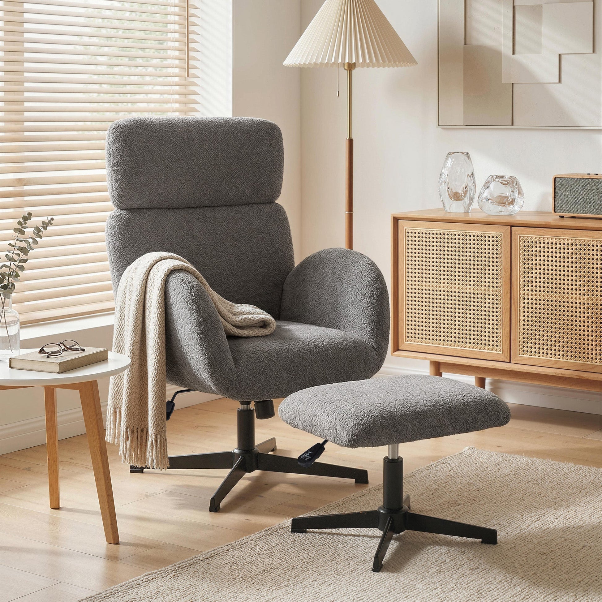 HOMCOM Swivel Armchair and Footstool Set, Height Adjustable Accent Chair with Adjustable Headrest, Rocking Function, Grey | Luxury Home Accessories | Heulog Glow