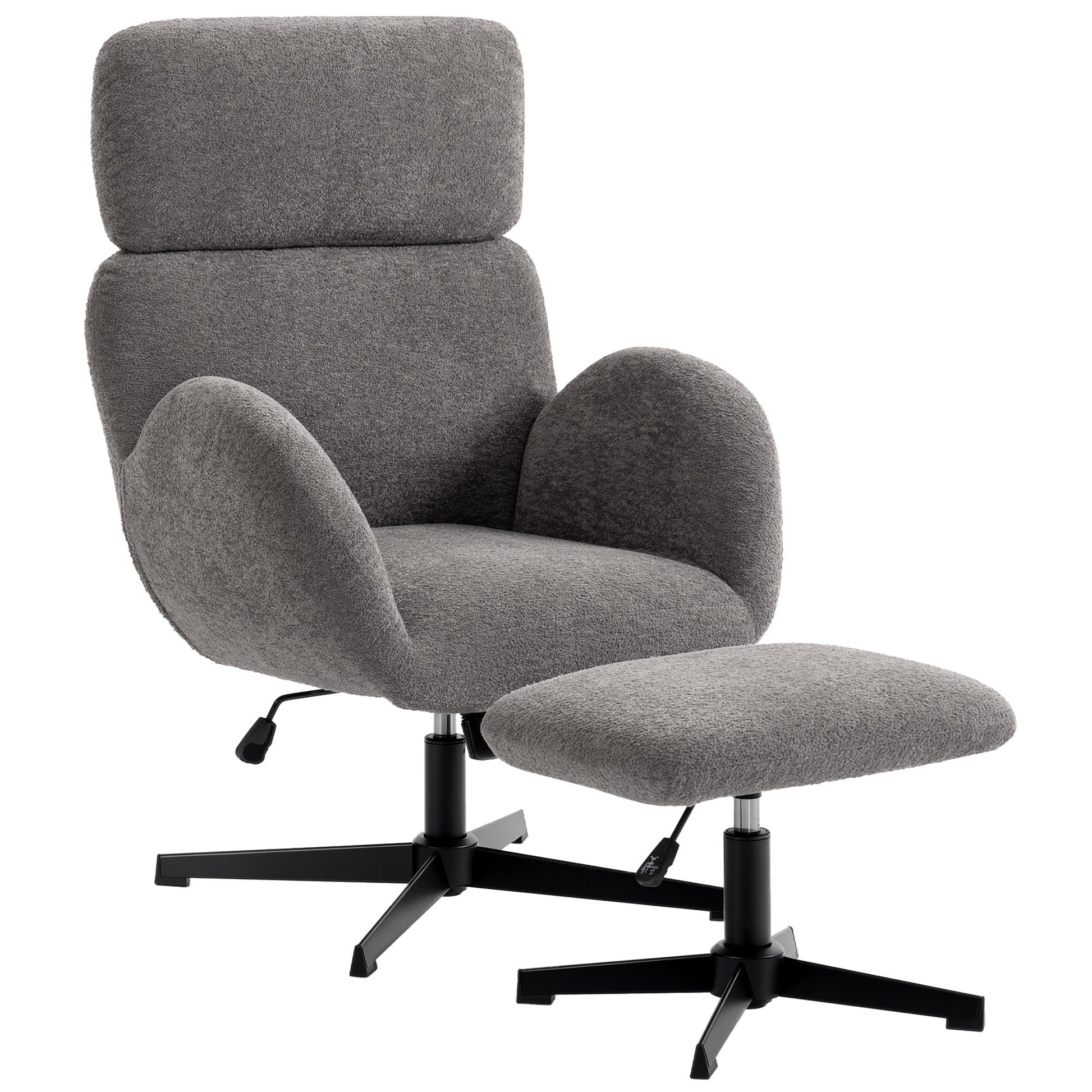 HOMCOM Swivel Armchair and Footstool Set, Height Adjustable Accent Chair with Adjustable Headrest, Rocking Function, Grey | Luxury Home Accessories | Heulog Glow