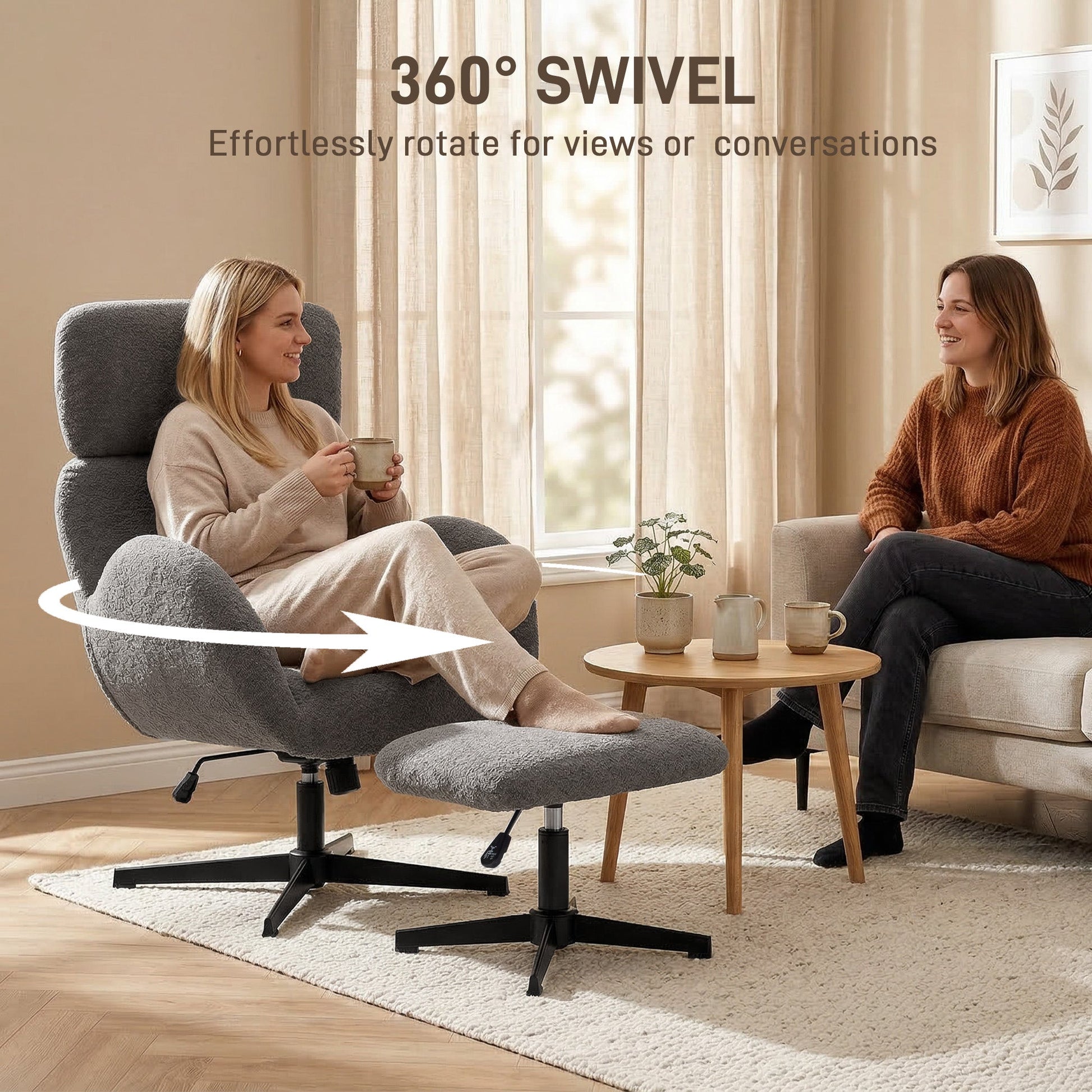 HOMCOM Swivel Armchair and Footstool Set, Height Adjustable Accent Chair with Adjustable Headrest, Rocking Function, Grey | Luxury Home Accessories | Heulog Glow