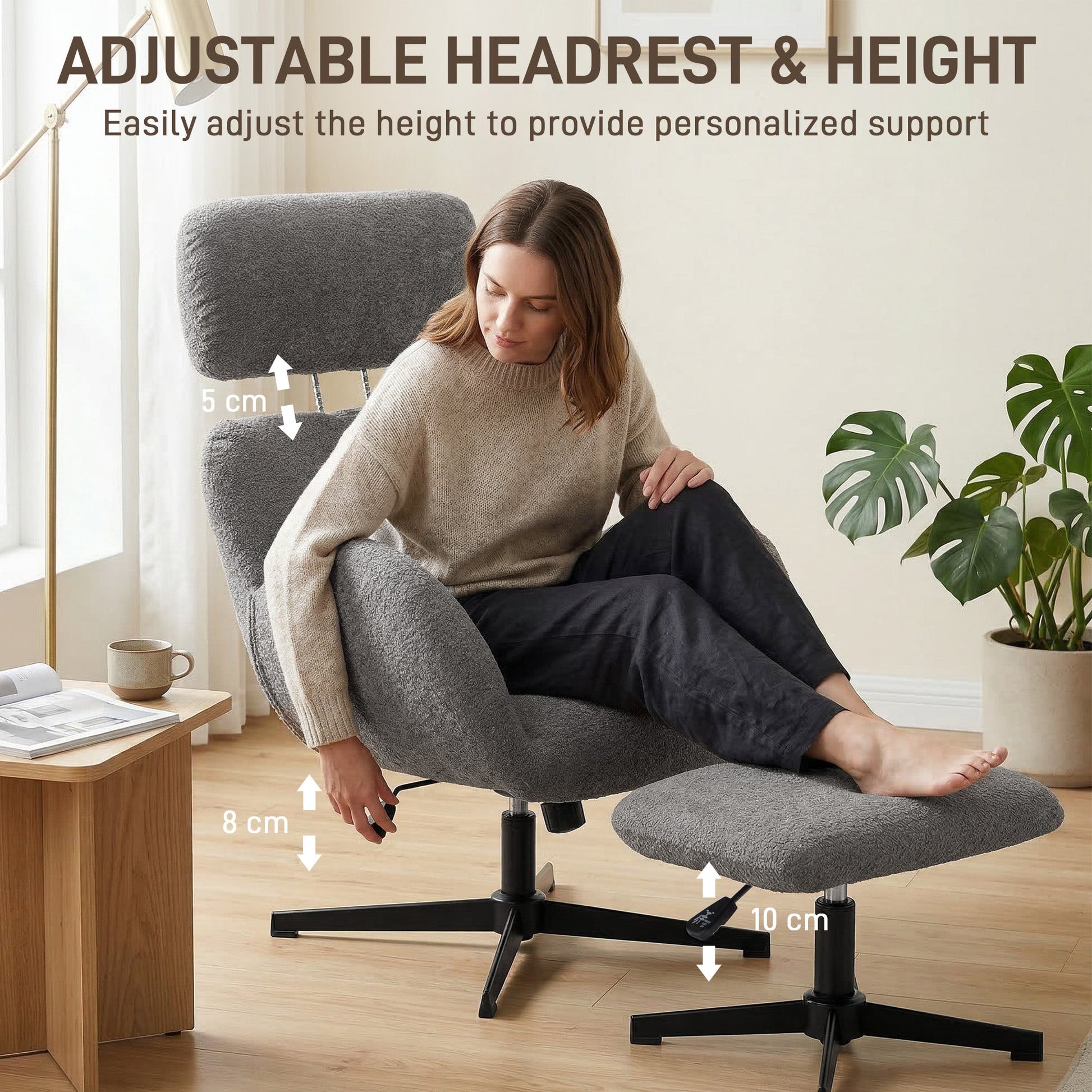 HOMCOM Swivel Armchair and Footstool Set, Height Adjustable Accent Chair with Adjustable Headrest, Rocking Function, Grey | Luxury Home Accessories | Heulog Glow