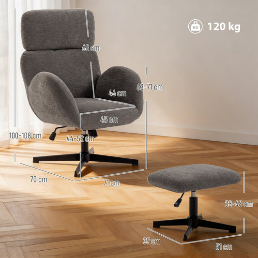 HOMCOM Swivel Armchair and Footstool Set, Height Adjustable Accent Chair with Adjustable Headrest, Rocking Function, Grey | Luxury Home Accessories | Heulog Glow