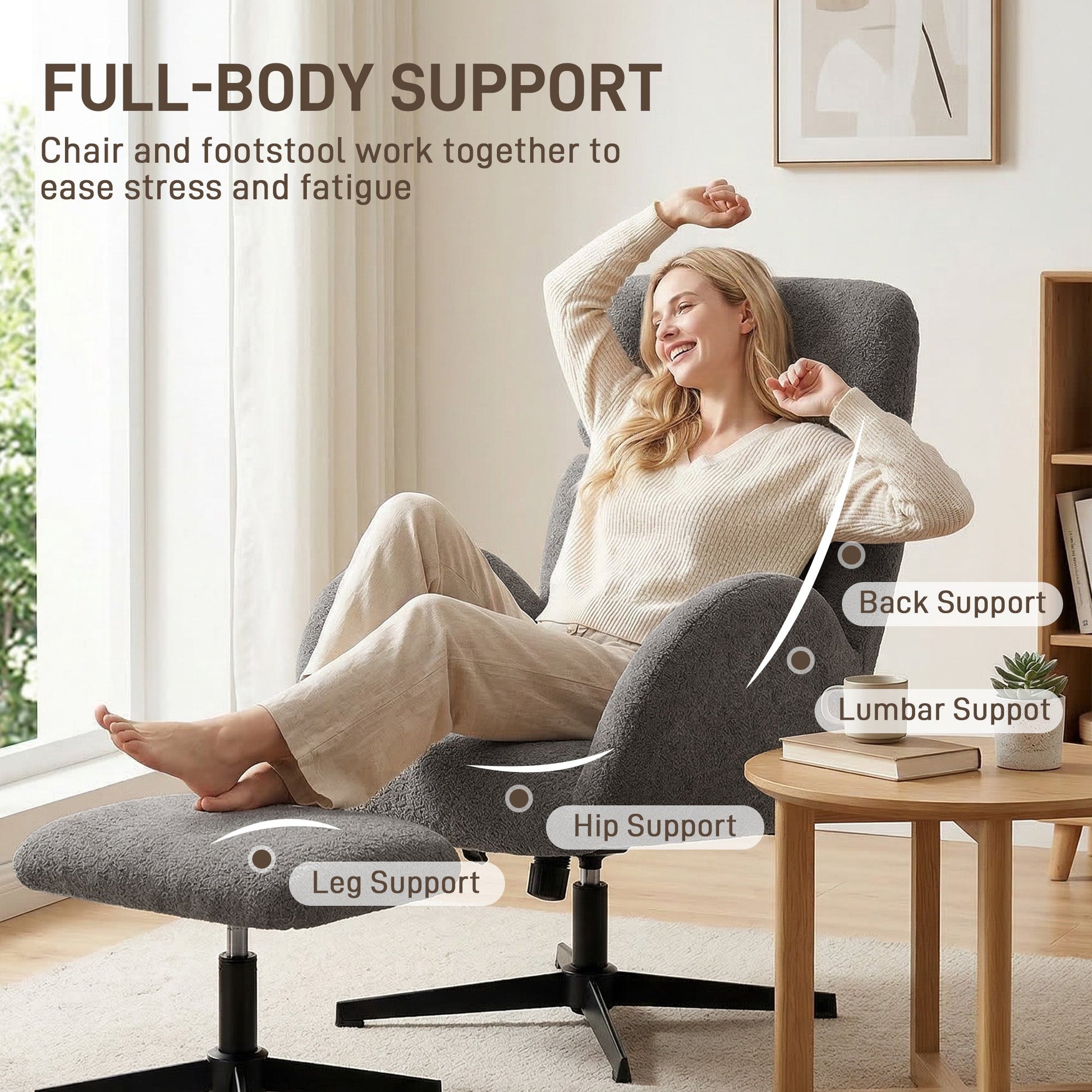 HOMCOM Swivel Armchair and Footstool Set, Height Adjustable Accent Chair with Adjustable Headrest, Rocking Function, Grey | Luxury Home Accessories | Heulog Glow