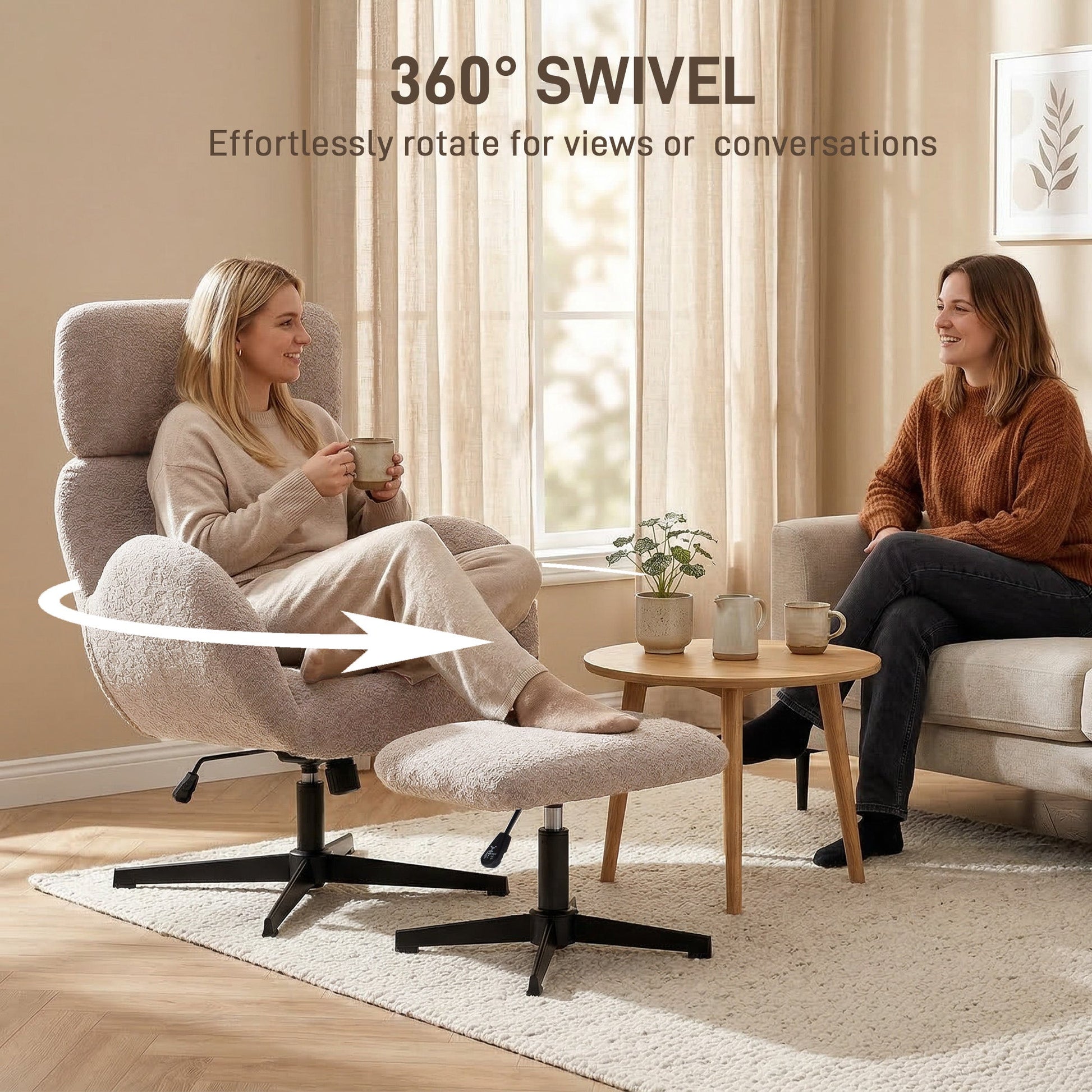 HOMCOM Swivel Armchair and Footstool Set, Height Adjustable Accent Chair with Adjustable Headrest, Rocking Function, Light Brown | Luxury Home Accessories | Heulog Glow