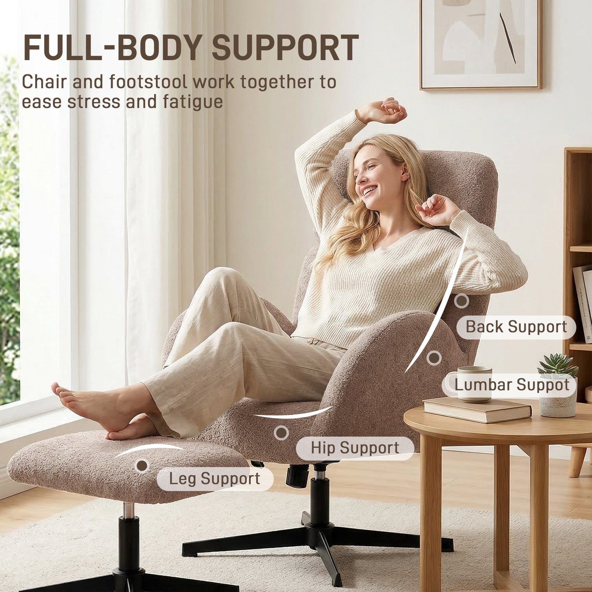 HOMCOM Swivel Armchair and Footstool Set, Height Adjustable Accent Chair with Adjustable Headrest, Rocking Function, Light Brown | Luxury Home Accessories | Heulog Glow
