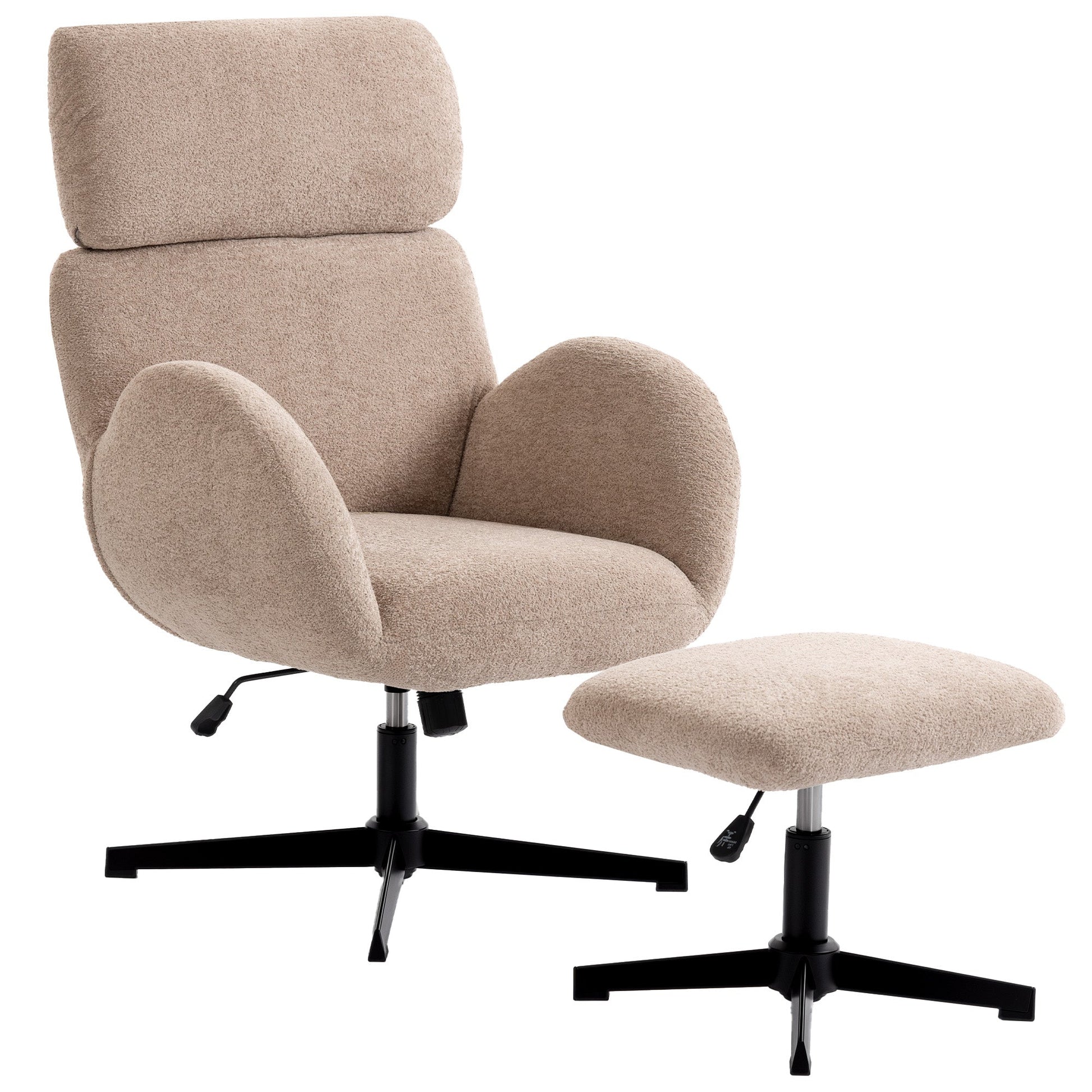 HOMCOM Swivel Armchair and Footstool Set, Height Adjustable Accent Chair with Adjustable Headrest, Rocking Function, Light Brown | Luxury Home Accessories | Heulog Glow