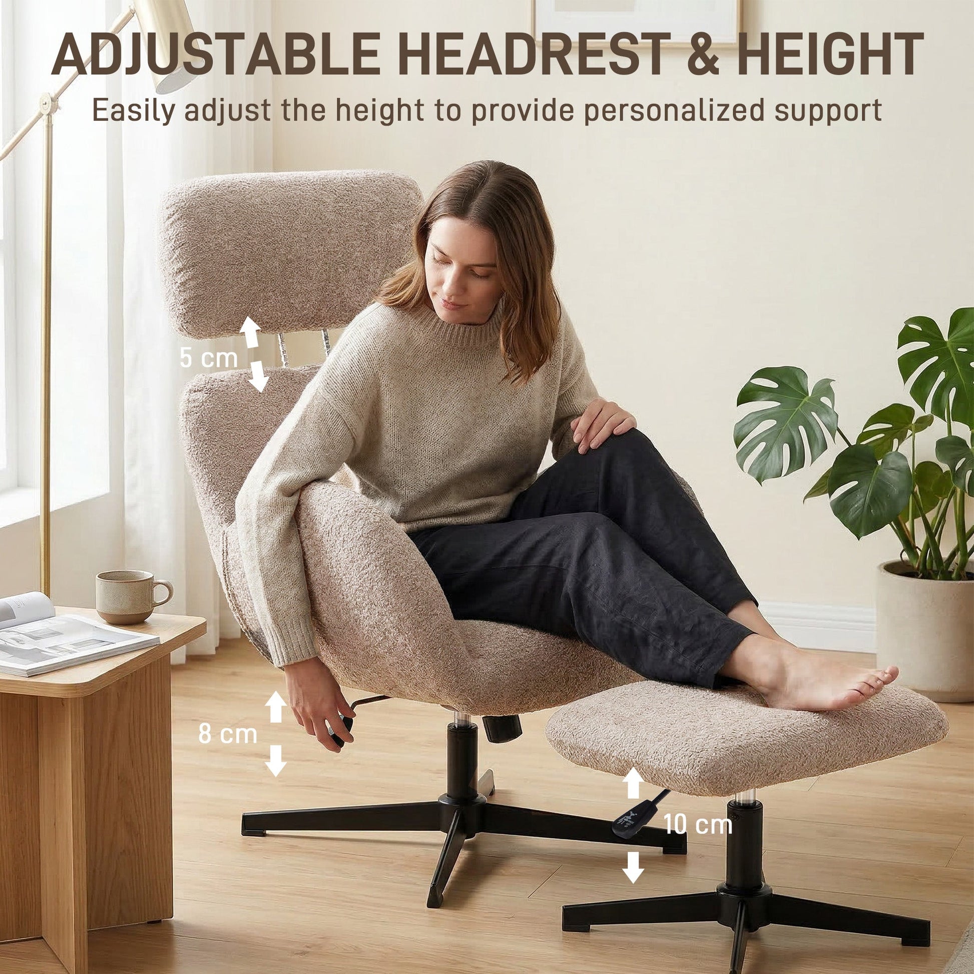 HOMCOM Swivel Armchair and Footstool Set, Height Adjustable Accent Chair with Adjustable Headrest, Rocking Function, Light Brown | Luxury Home Accessories | Heulog Glow