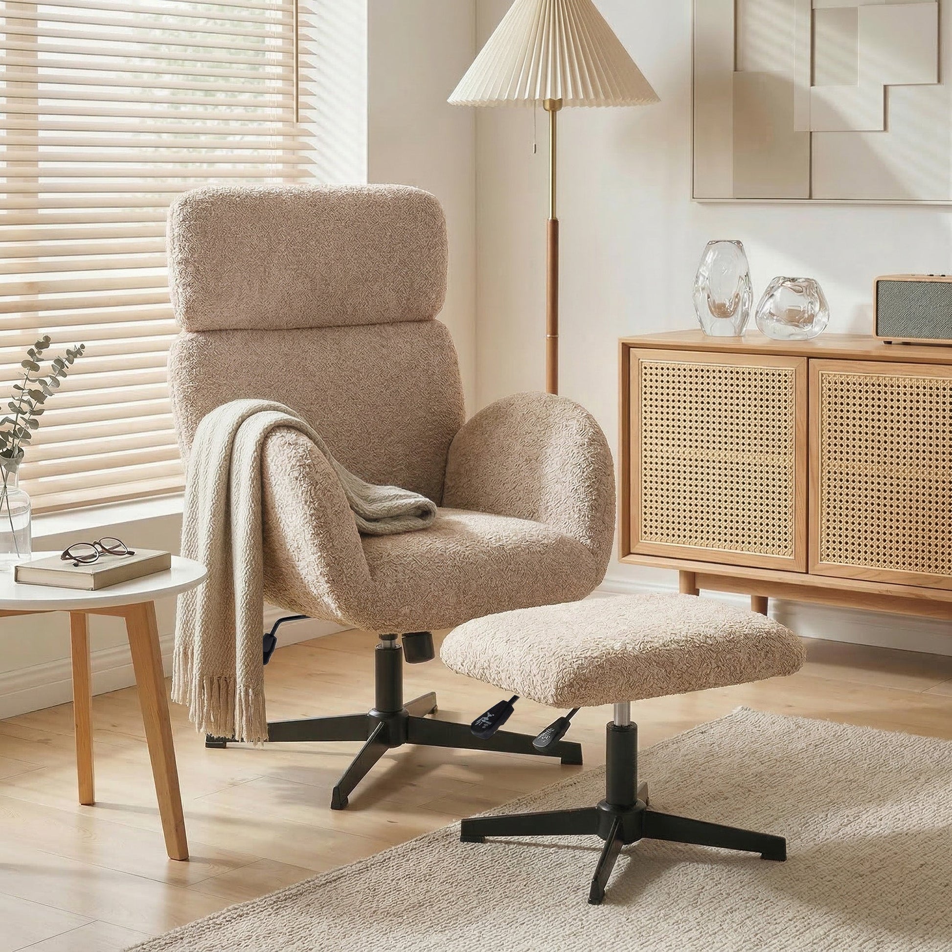 HOMCOM Swivel Armchair and Footstool Set, Height Adjustable Accent Chair with Adjustable Headrest, Rocking Function, Light Brown | Luxury Home Accessories | Heulog Glow