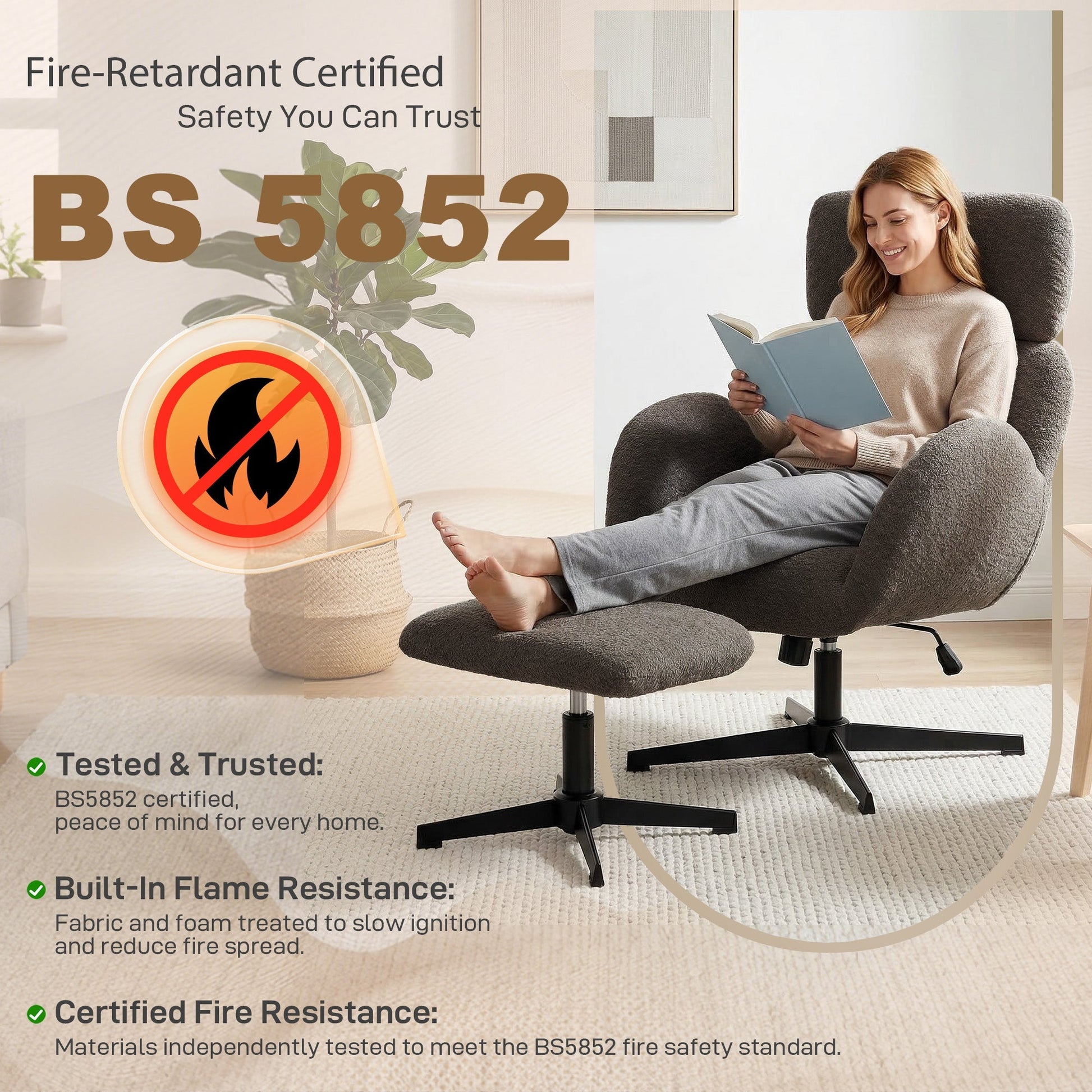HOMCOM Swivel Armchair and Footstool Set, Height Adjustable Accent Chair with Adjustable Headrest, Rocking Function, Light Brown | Luxury Home Accessories | Heulog Glow