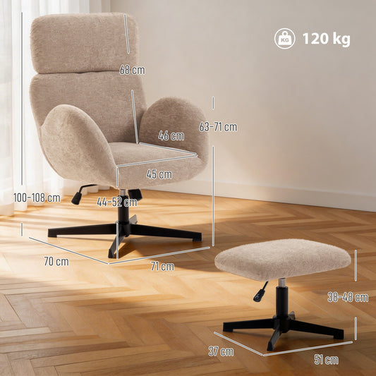 HOMCOM Swivel Armchair and Footstool Set, Height Adjustable Accent Chair with Adjustable Headrest, Rocking Function, Light Brown | Luxury Home Accessories | Heulog Glow