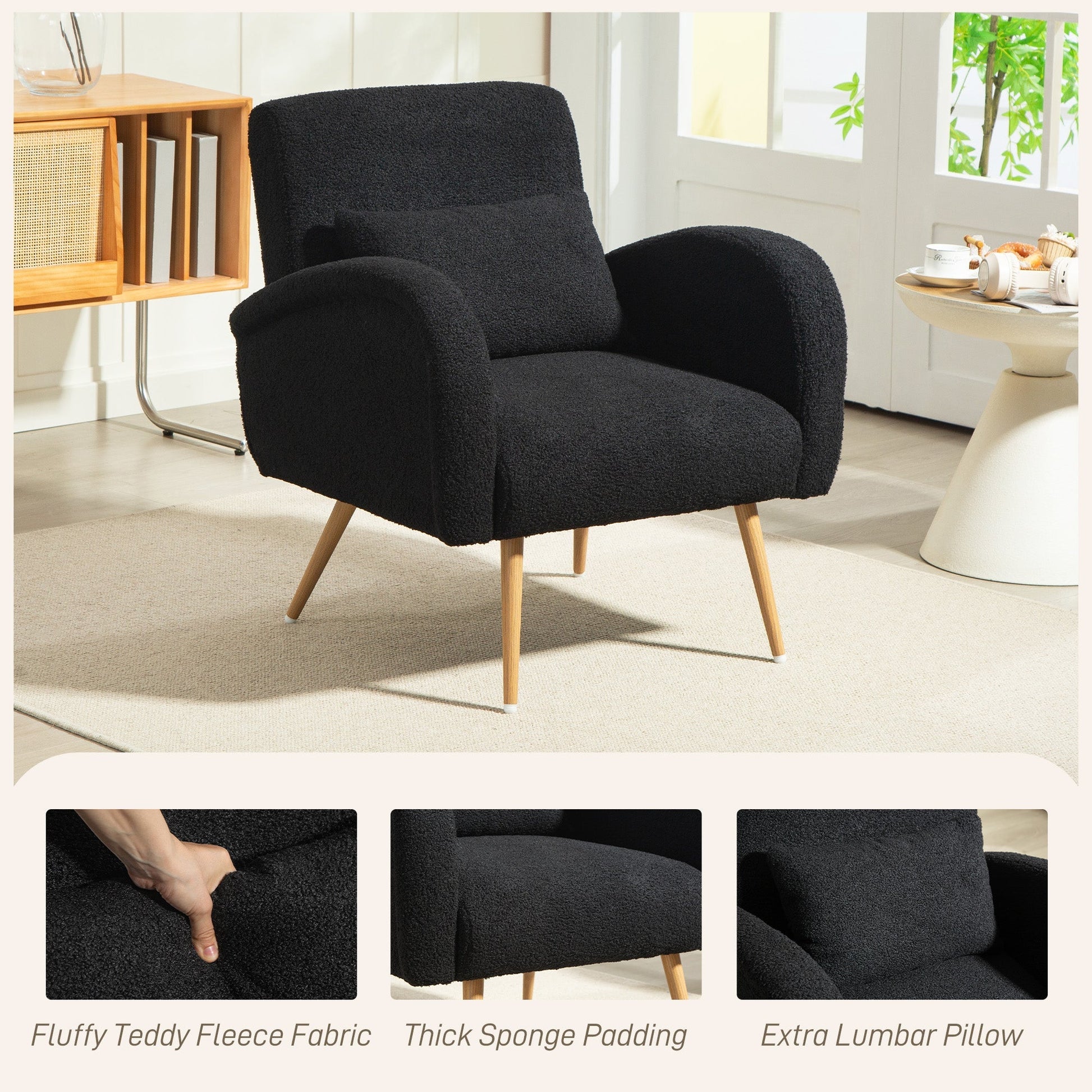 HOMCOM Teddy Fleece Accent Chair - Black | Luxury Home Accessories | Heulog Glow
