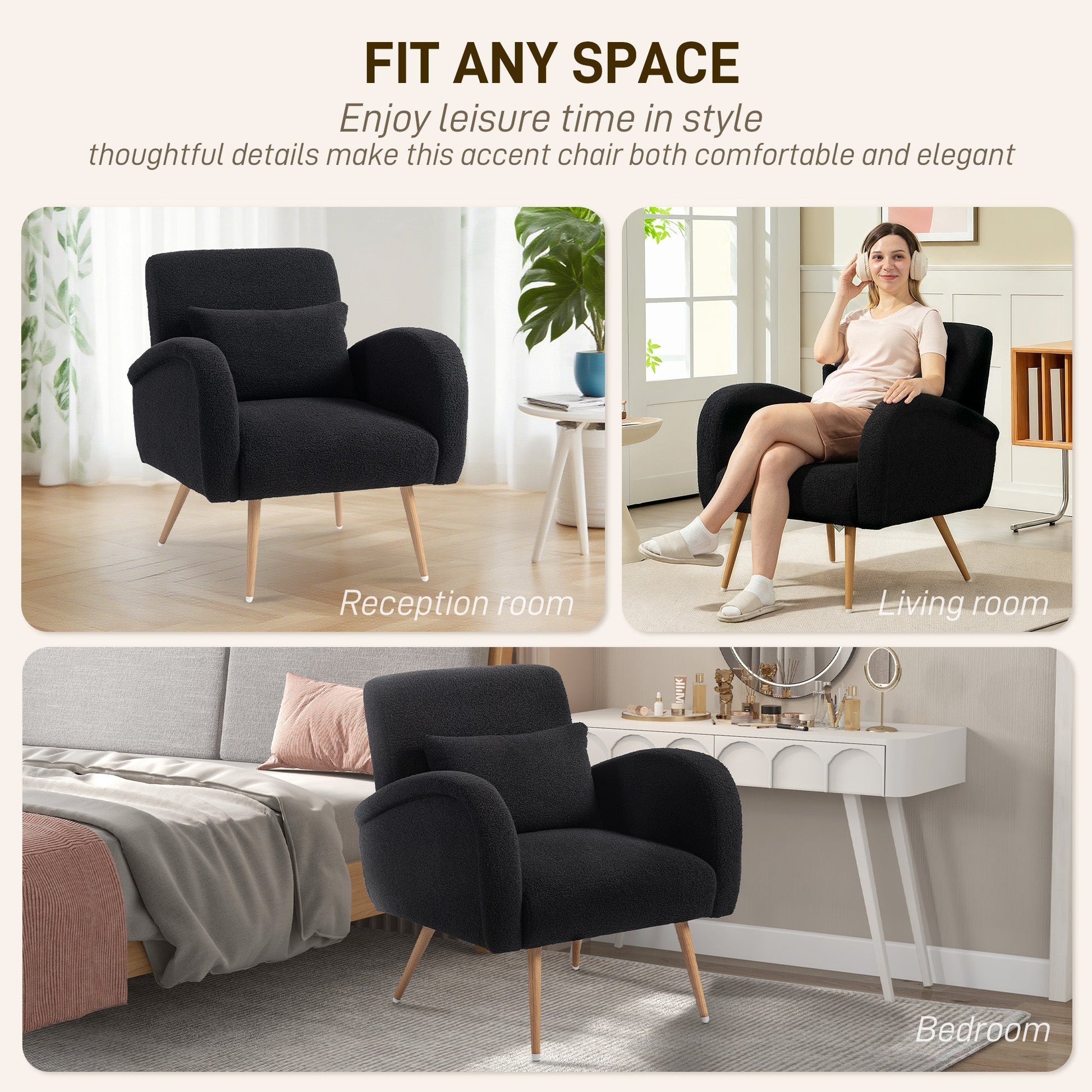 HOMCOM Teddy Fleece Accent Chair - Black | Luxury Home Accessories | Heulog Glow