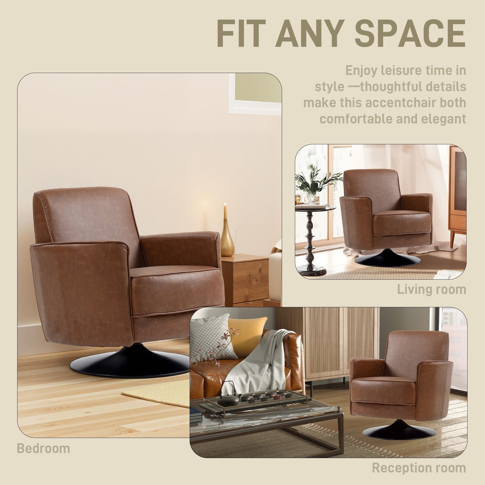 HOMCOM Upholstered Swivel Accent Chair with Pocket Spring Seat Support and 20cm Thick Padding, Brown | Luxury Home Accessories | Heulog Glow