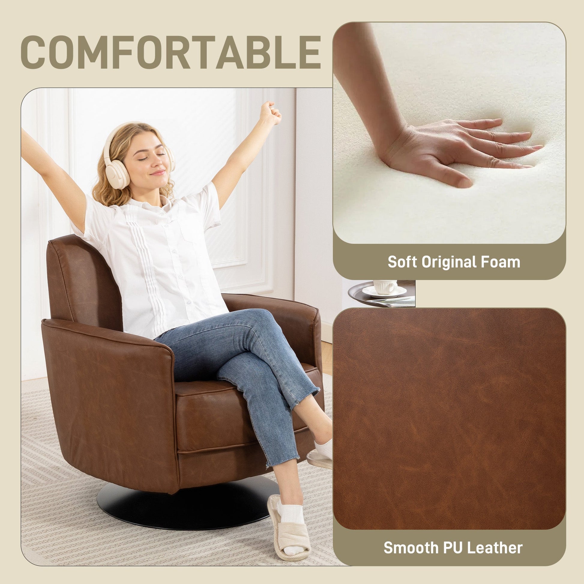 HOMCOM Upholstered Swivel Accent Chair with Pocket Spring Seat Support and 20cm Thick Padding, Brown | Luxury Home Accessories | Heulog Glow