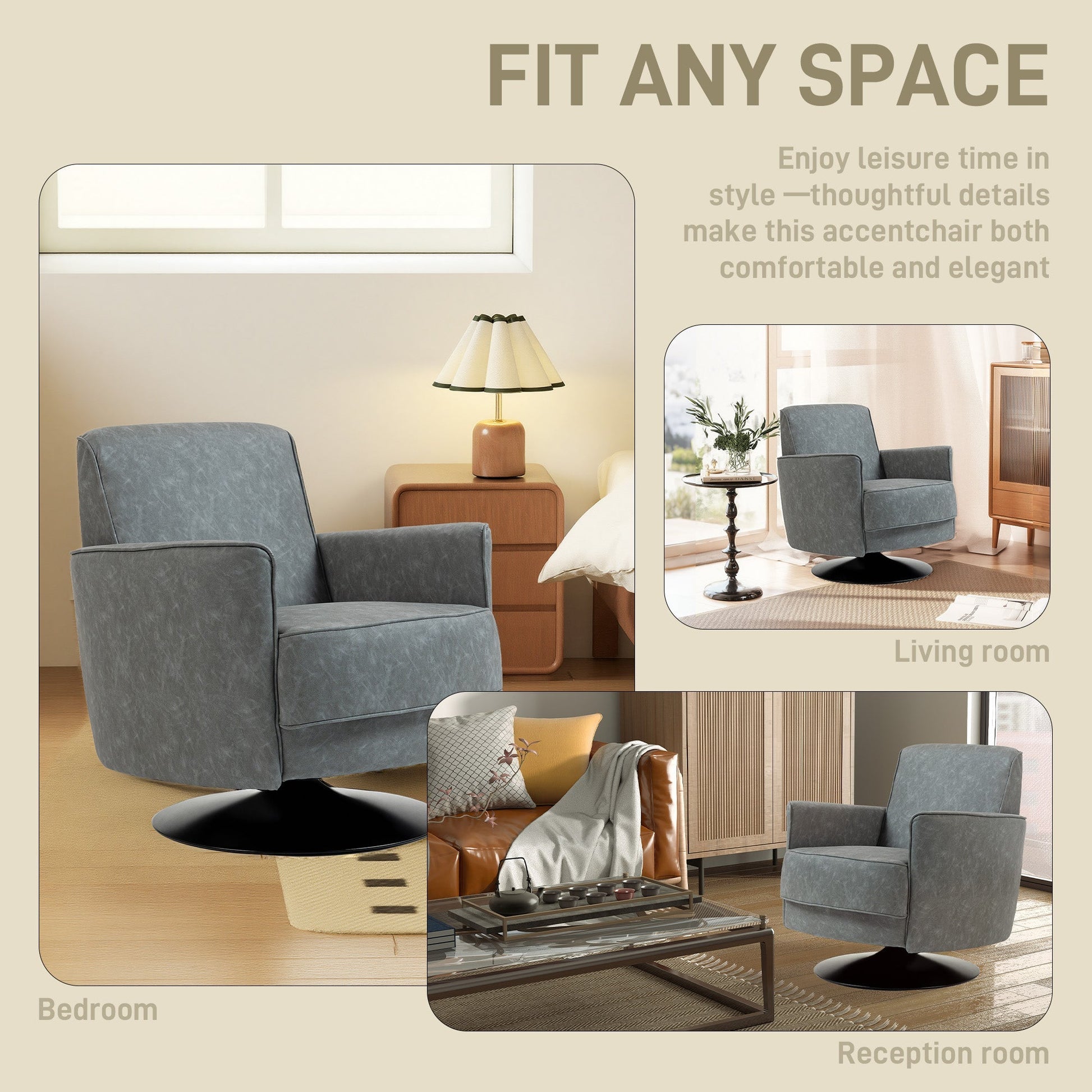 HOMCOM Upholstered Swivel Accent Chair with Thick Padding, Grey | Luxury Home Accessories | Heulog Glow