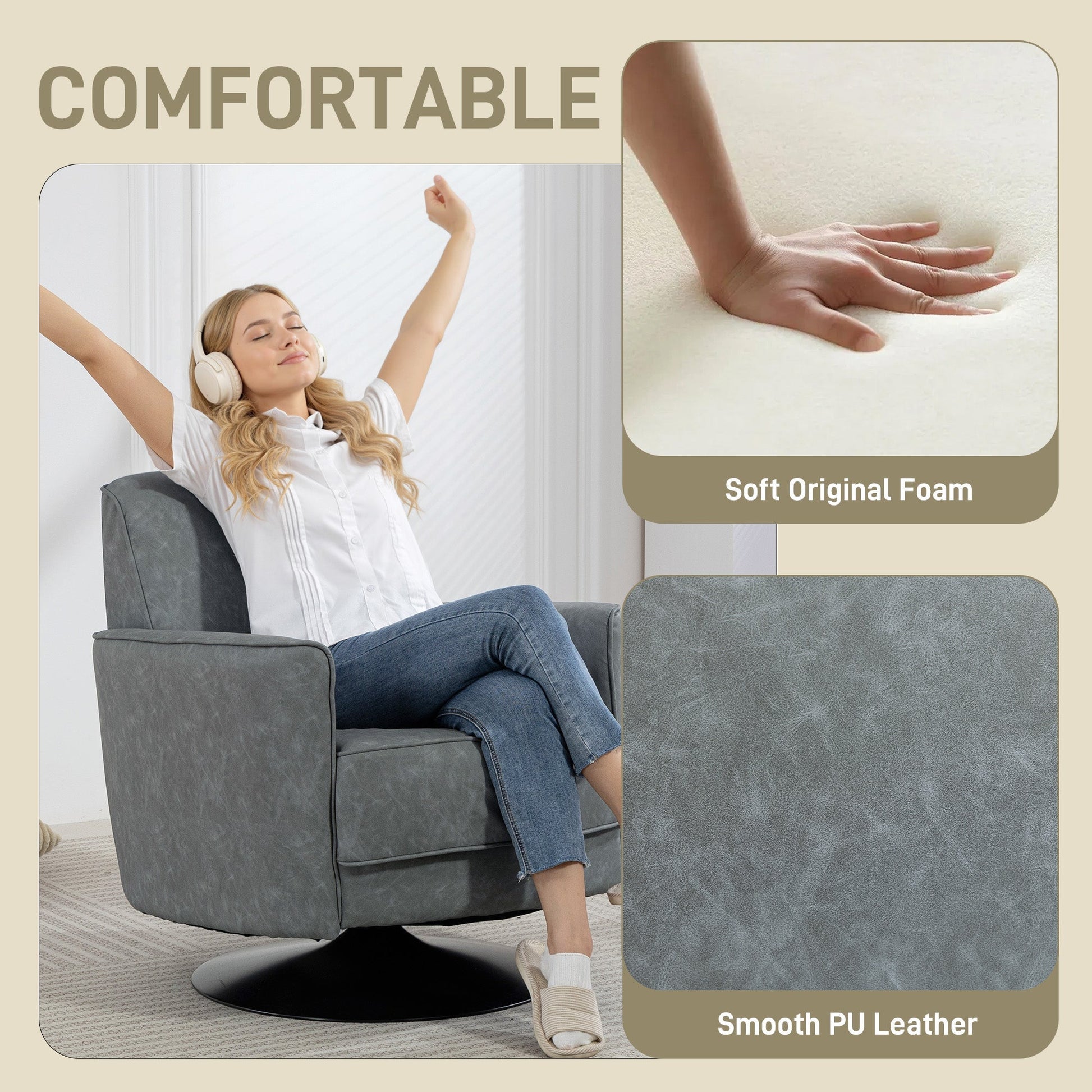 HOMCOM Upholstered Swivel Accent Chair with Thick Padding, Grey | Luxury Home Accessories | Heulog Glow