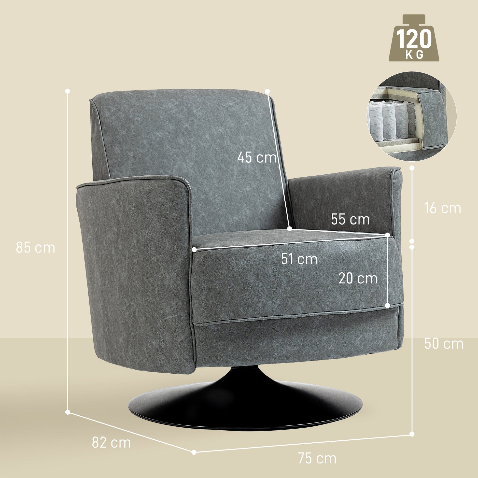 HOMCOM Upholstered Swivel Accent Chair with Thick Padding, Grey | Luxury Home Accessories | Heulog Glow