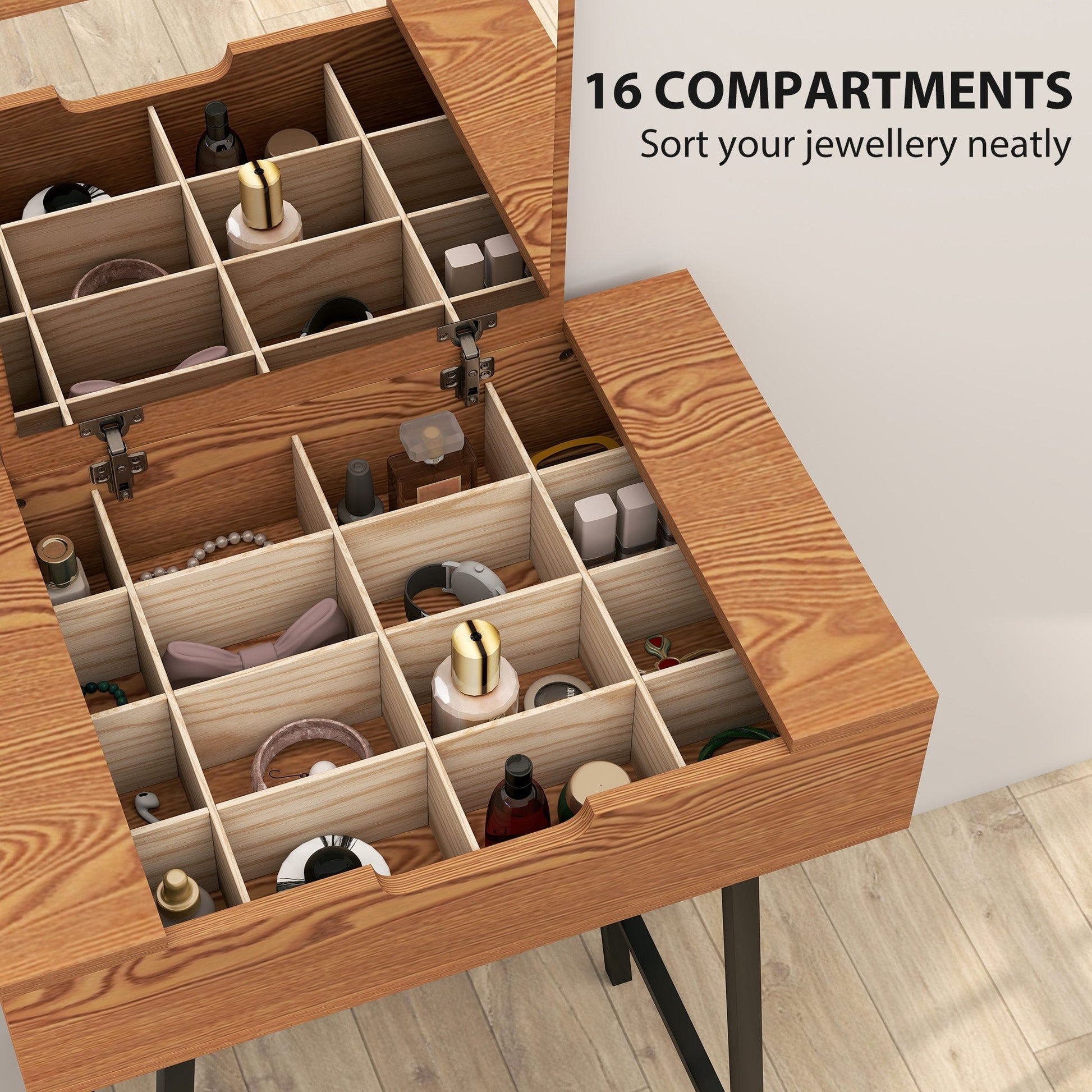 HOMCOM Vanity Desk with Flip-Up Mirror, Industrial Dressing Table with 16 Small Compartments for Bedroom, Natural Wood Effect | Luxury Home Accessories | Heulog Glow