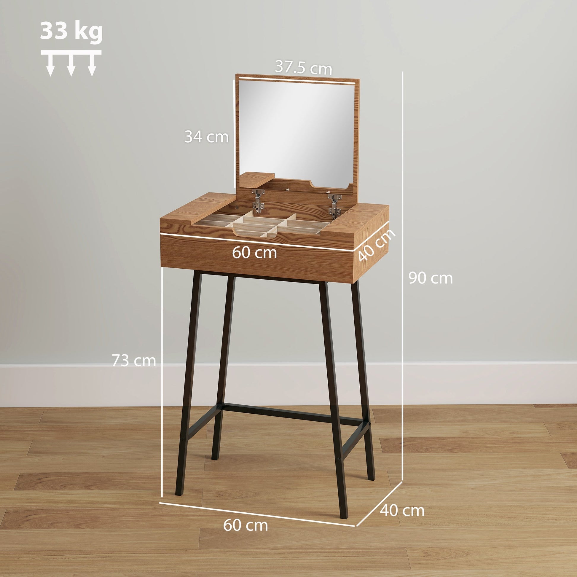 HOMCOM Vanity Desk with Flip-Up Mirror, Industrial Dressing Table with 16 Small Compartments for Bedroom, Natural Wood Effect | Luxury Home Accessories | Heulog Glow