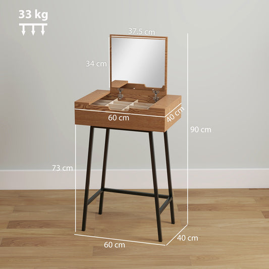 HOMCOM Vanity Desk with Flip-Up Mirror, Industrial Dressing Table with 16 Small Compartments for Bedroom, Natural Wood Effect | Luxury Home Accessories | Heulog Glow