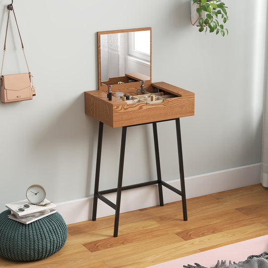HOMCOM Vanity Desk with Flip-Up Mirror, Industrial Dressing Table with 16 Small Compartments for Bedroom, Natural Wood Effect | Luxury Home Accessories | Heulog Glow