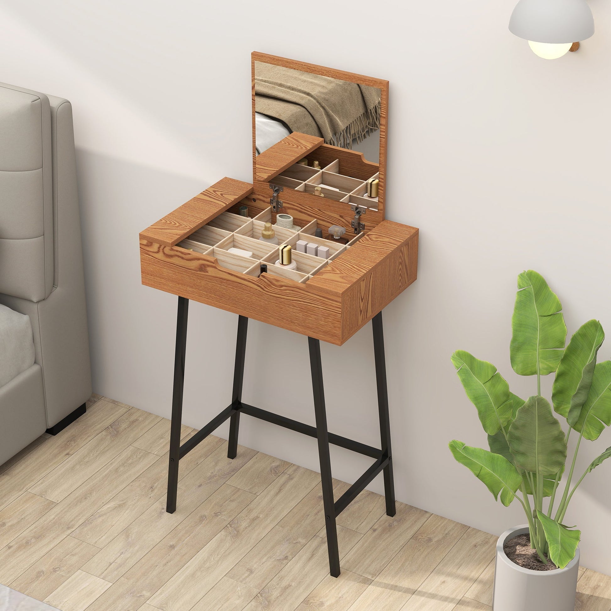 HOMCOM Vanity Desk with Flip-Up Mirror, Industrial Dressing Table with 16 Small Compartments for Bedroom, Natural Wood Effect | Luxury Home Accessories | Heulog Glow