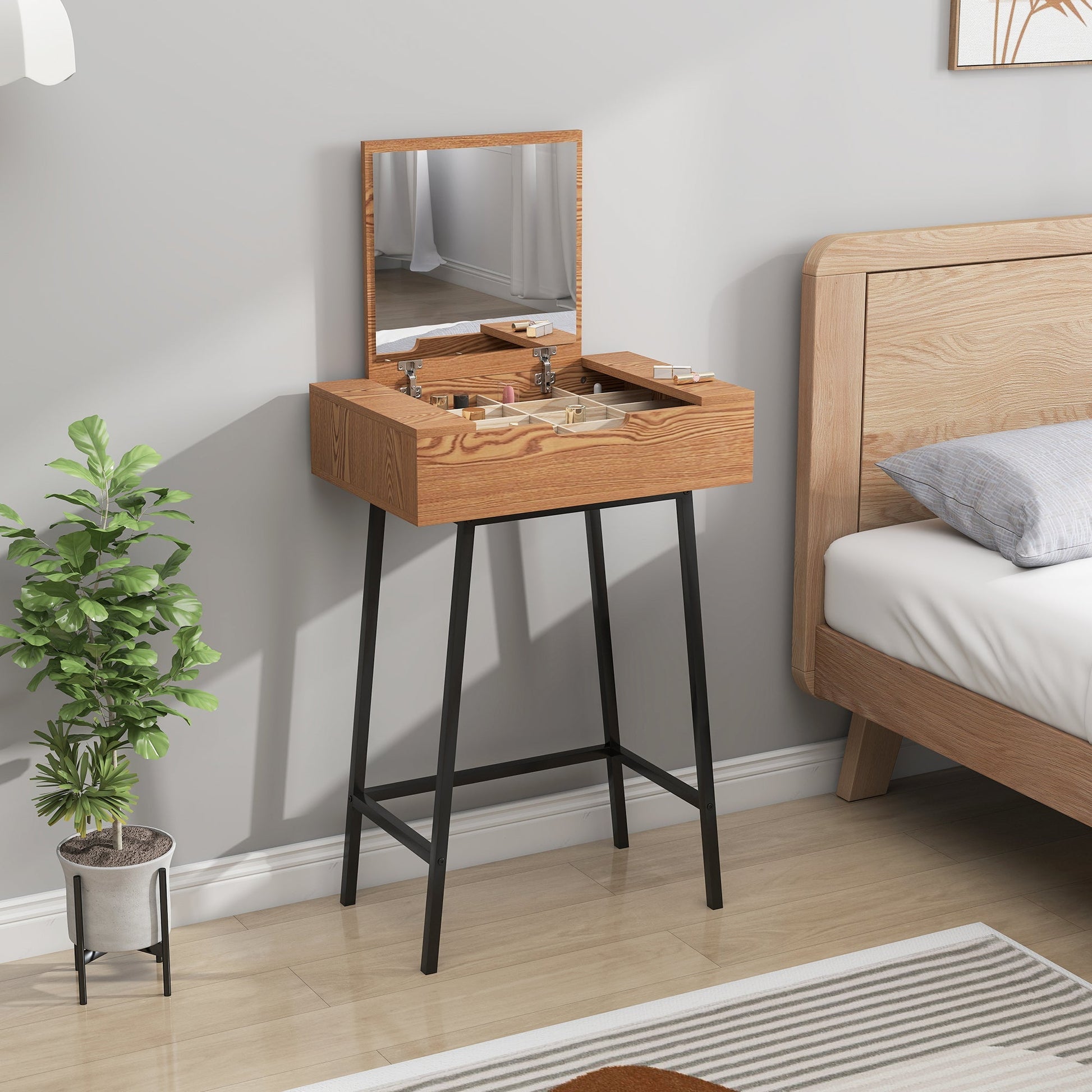 HOMCOM Vanity Desk with Flip-Up Mirror, Industrial Dressing Table with 16 Small Compartments for Bedroom, Natural Wood Effect | Luxury Home Accessories | Heulog Glow