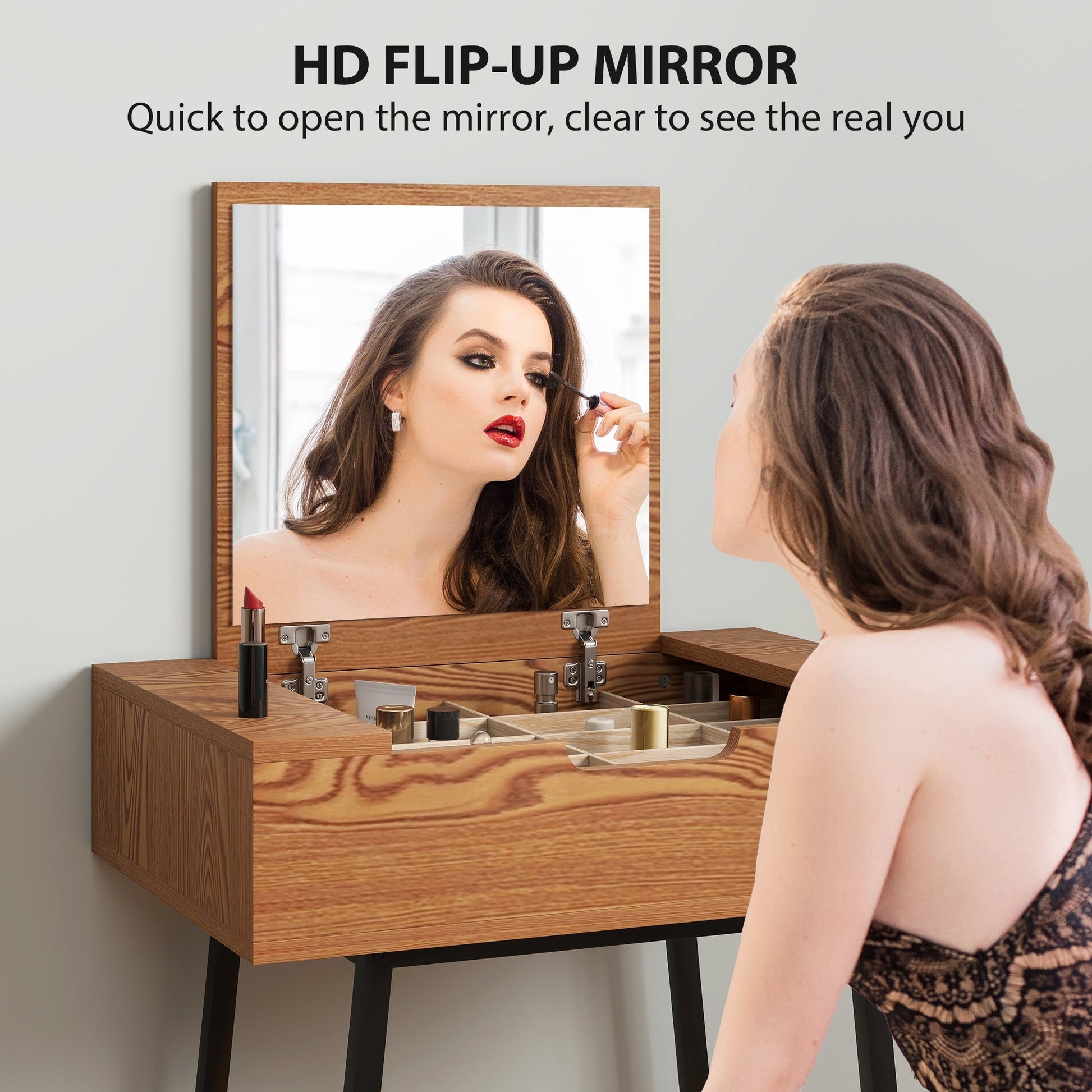 HOMCOM Vanity Desk with Flip-Up Mirror, Industrial Dressing Table with 16 Small Compartments for Bedroom, Natural Wood Effect | Luxury Home Accessories | Heulog Glow