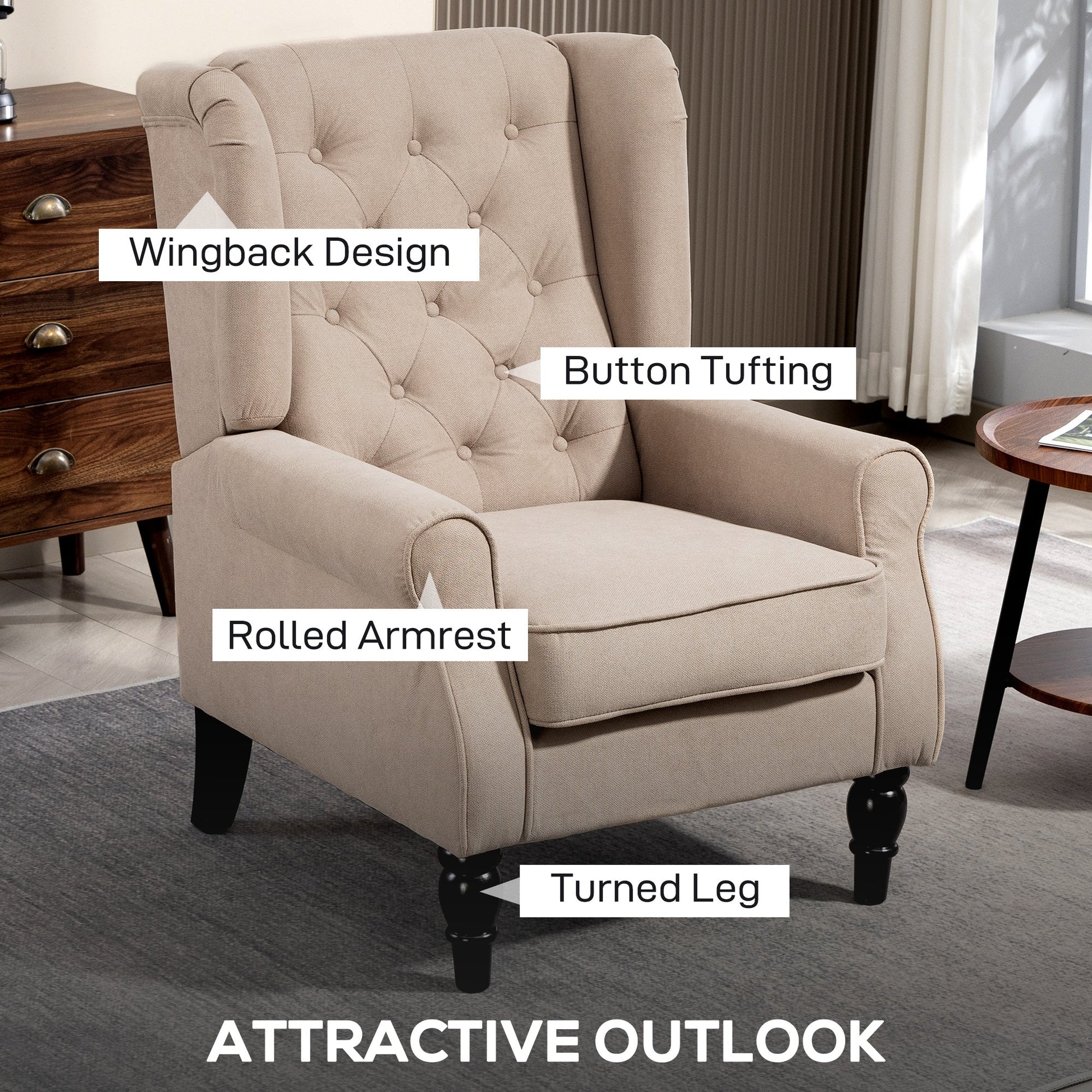 HOMCOM Wingback Accent Chair, Retro Upholstered Button Tufted Occasional Chair for Living Room and Bedroom, Beige | Luxury Home Accessories | Heulog Glow