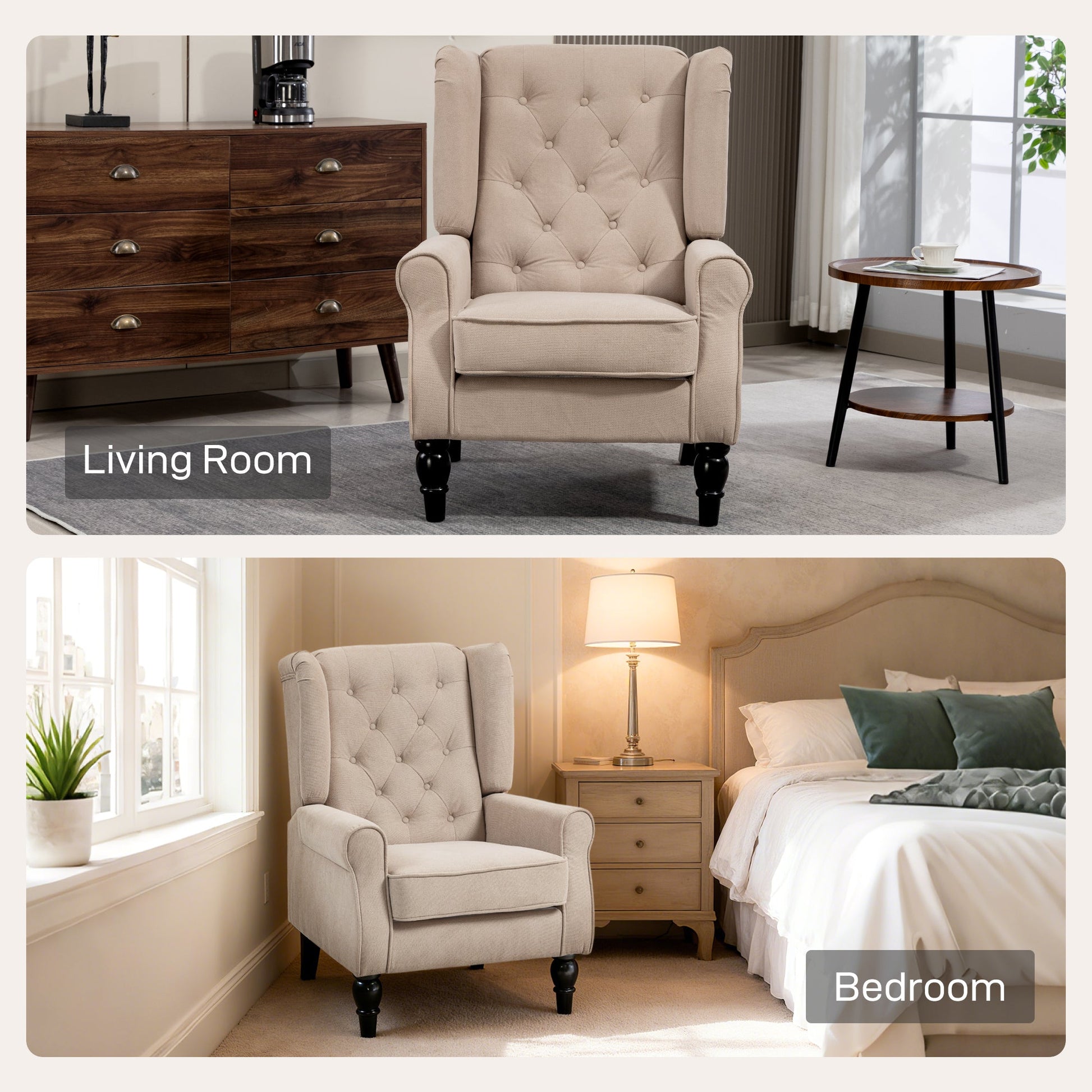 HOMCOM Wingback Accent Chair, Retro Upholstered Button Tufted Occasional Chair for Living Room and Bedroom, Beige | Luxury Home Accessories | Heulog Glow